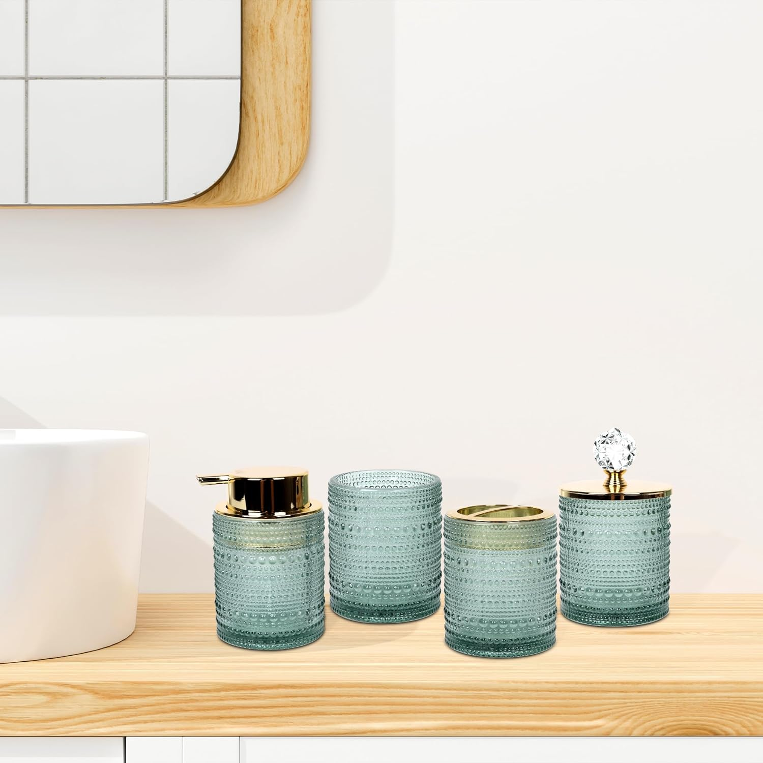 FEILANDUO Bathroom Accessories Set,4Pcs Glass Bathroom Accessories,Vanity Bathroom Decor, Soap Dispenser, Toothbrush Holder Set, Apothecary Jar, Gift for Home Apartment (Green), Pink/Green image number 3