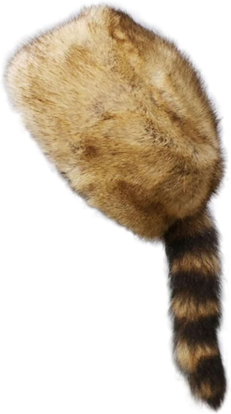 Faux Fur Raccoon Tail Hat for Women Men, Faux Coonskin Cap with Tail Flat Top Winter Hat, Raccoon Tail, One Size image number 2