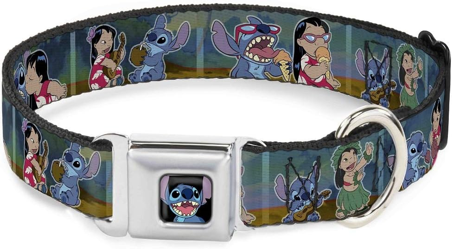 Buckle-Down Seatbelt Buckle Dog Collar - Stitch Snacking Poses Black/Blue - 1" Wide - Fits 15-26" Neck - Large