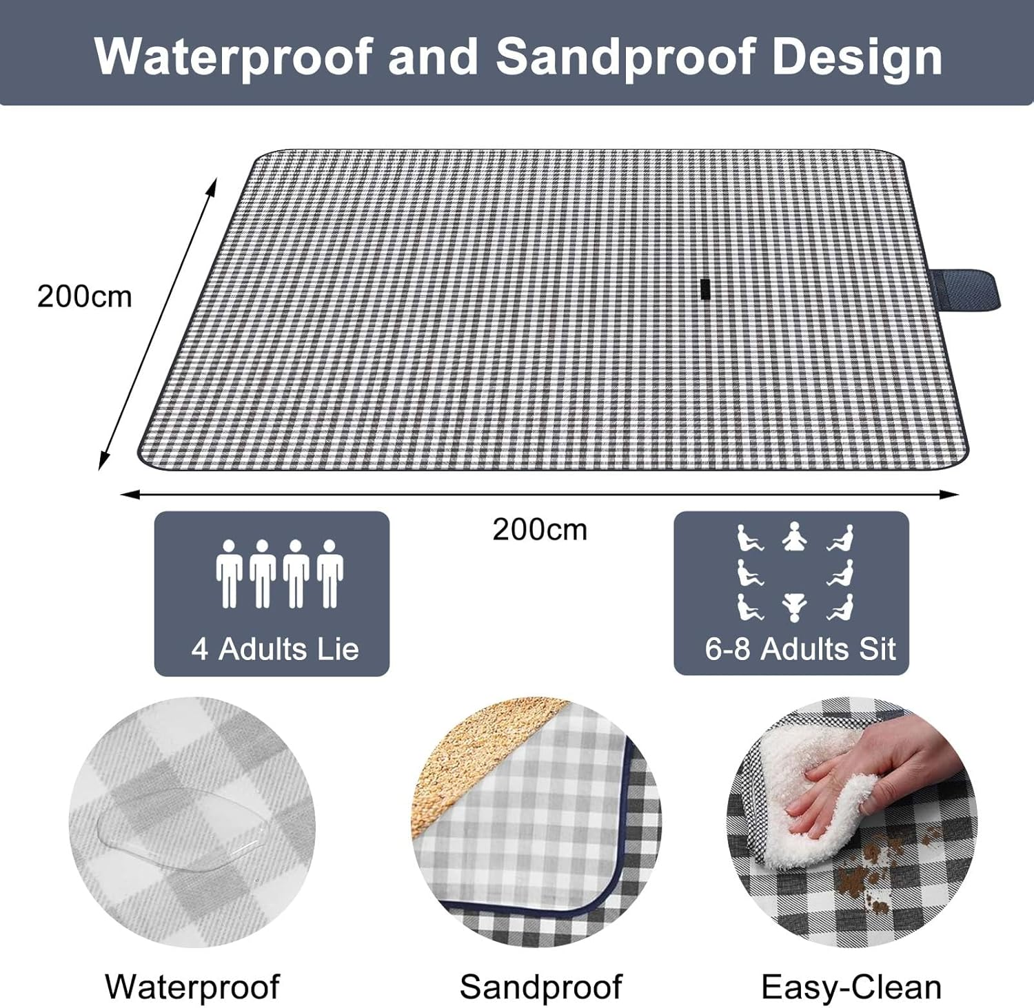 Extra Large Picnic Blanket Waterproof - Outdoor Picnic Rug for Family and Friends, Beach Mat Blanket Sandproof, Foldable Picnic Mat for Park, Grass, Camping, Beach, and Gift (200X200Cm) image number 2