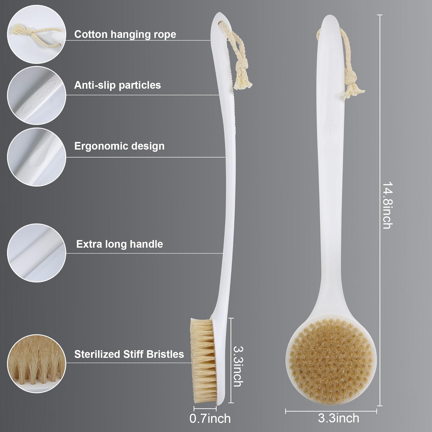 OWIIZI Back Scrubber for Shower with Natural Bristles anti Slip Bath Brushes Long Handle Antiskid Shower Body Scrubber for Wet or Dry Exfoliating Back Scrub Deep Cleanse