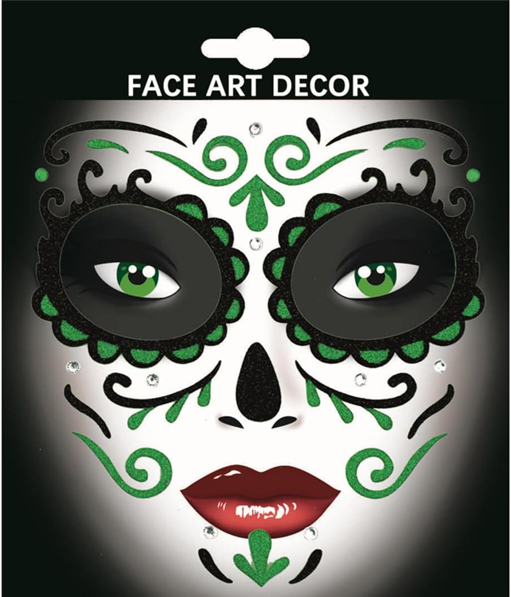 Day of the Dead Face Gems Jewels Self Adhesive Face Glitter Sugar Skull Costume Makeup Festival Rhinestone Stickers Temporary Tattoos Jewelry for Women/Men/Adults - Scary_Red image number 3