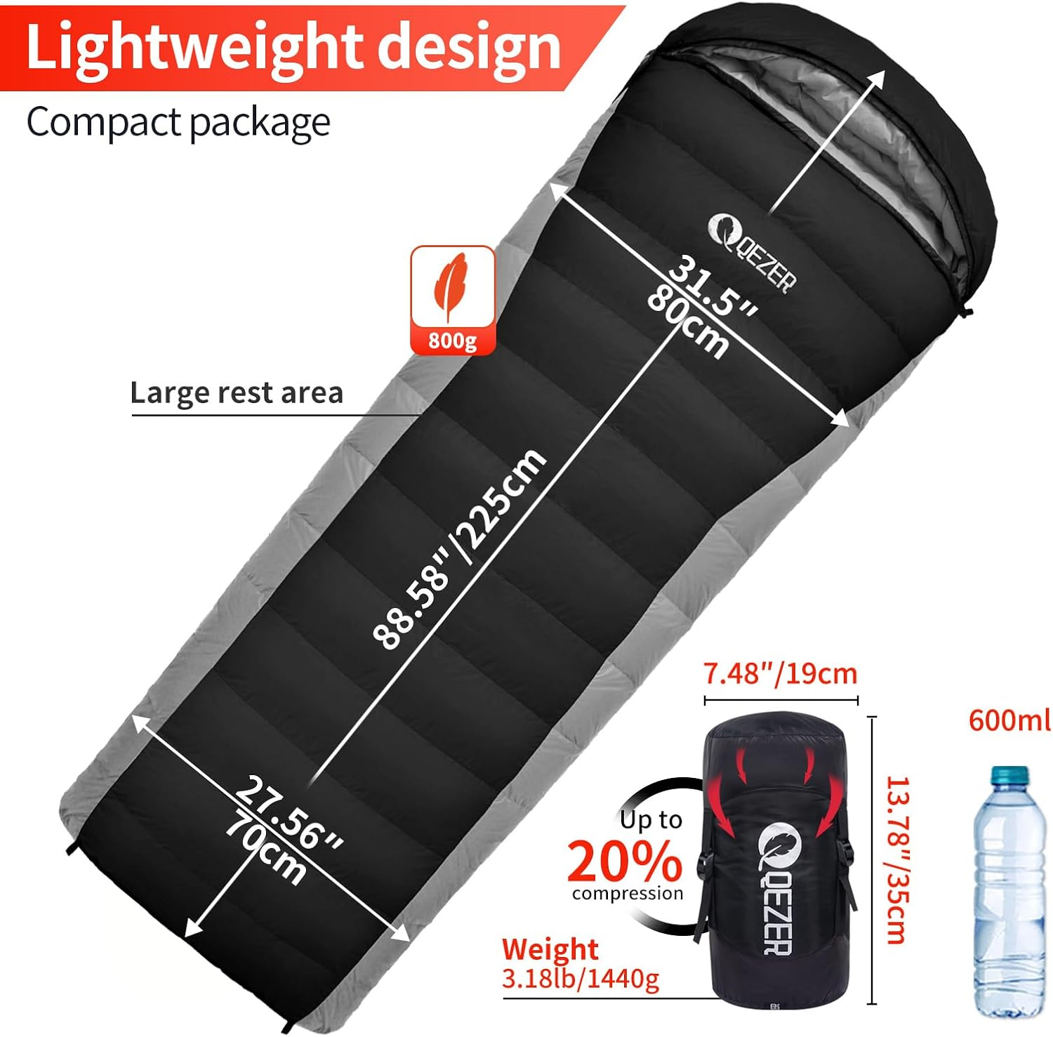 QEZER down Sleeping Bag Ultralight 225 X 80Cm [1440G],Camping Sleeping Bags for Adults and Kids,Suitable for 3-4 Season Camping, Hiking, Backpacking and Outdoor Climbing(800G) - Orange image number 6