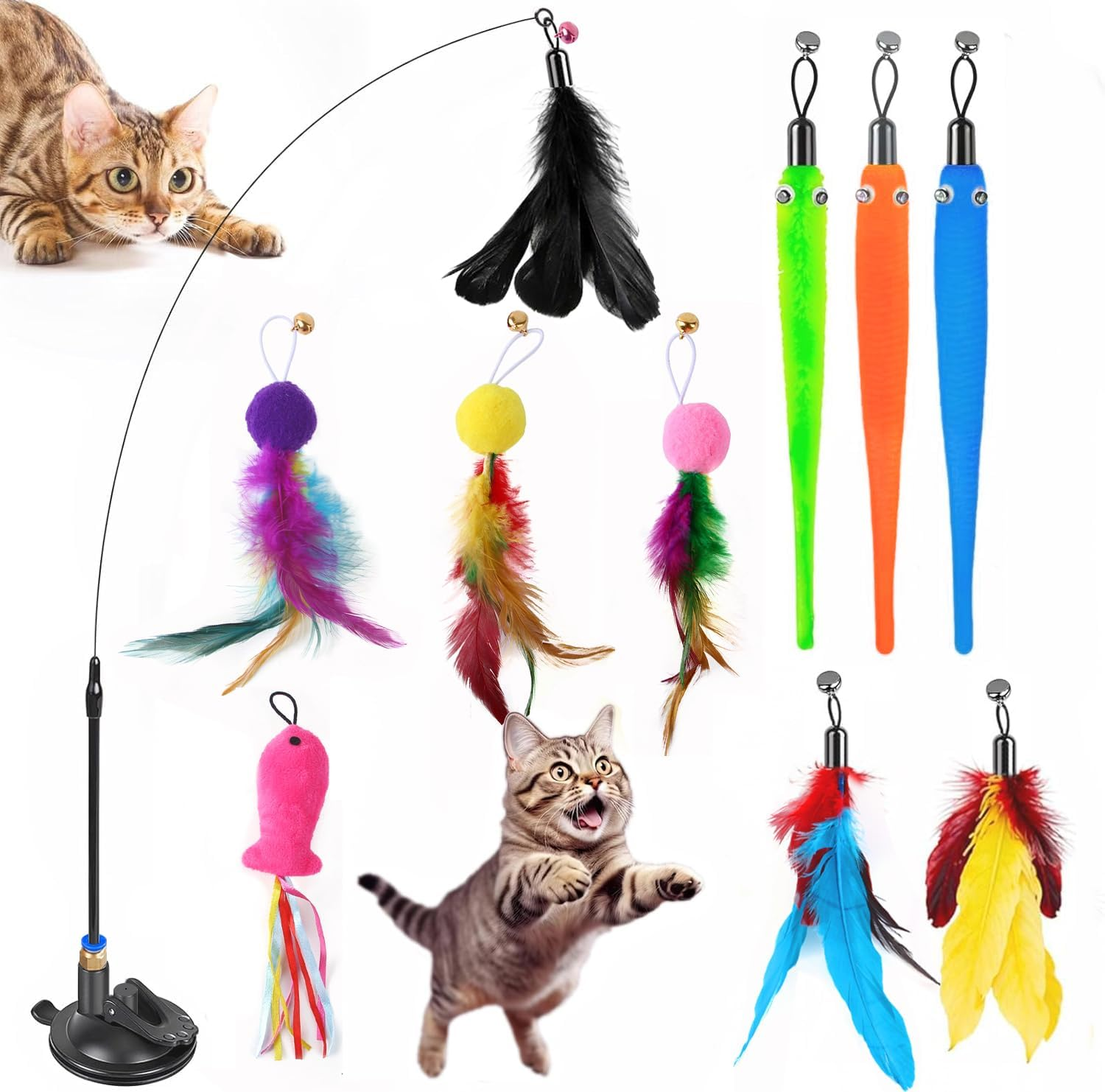 15 Pcs Cat Toys, Interactive Cat Toy, Cat Toys for Indoor Cats, 2 Upgraded Self-Holding Power Suction Cup Bases & Removable Teaser Cat Wand Sticks, 15 Replacement Kitten Toys with Bells.