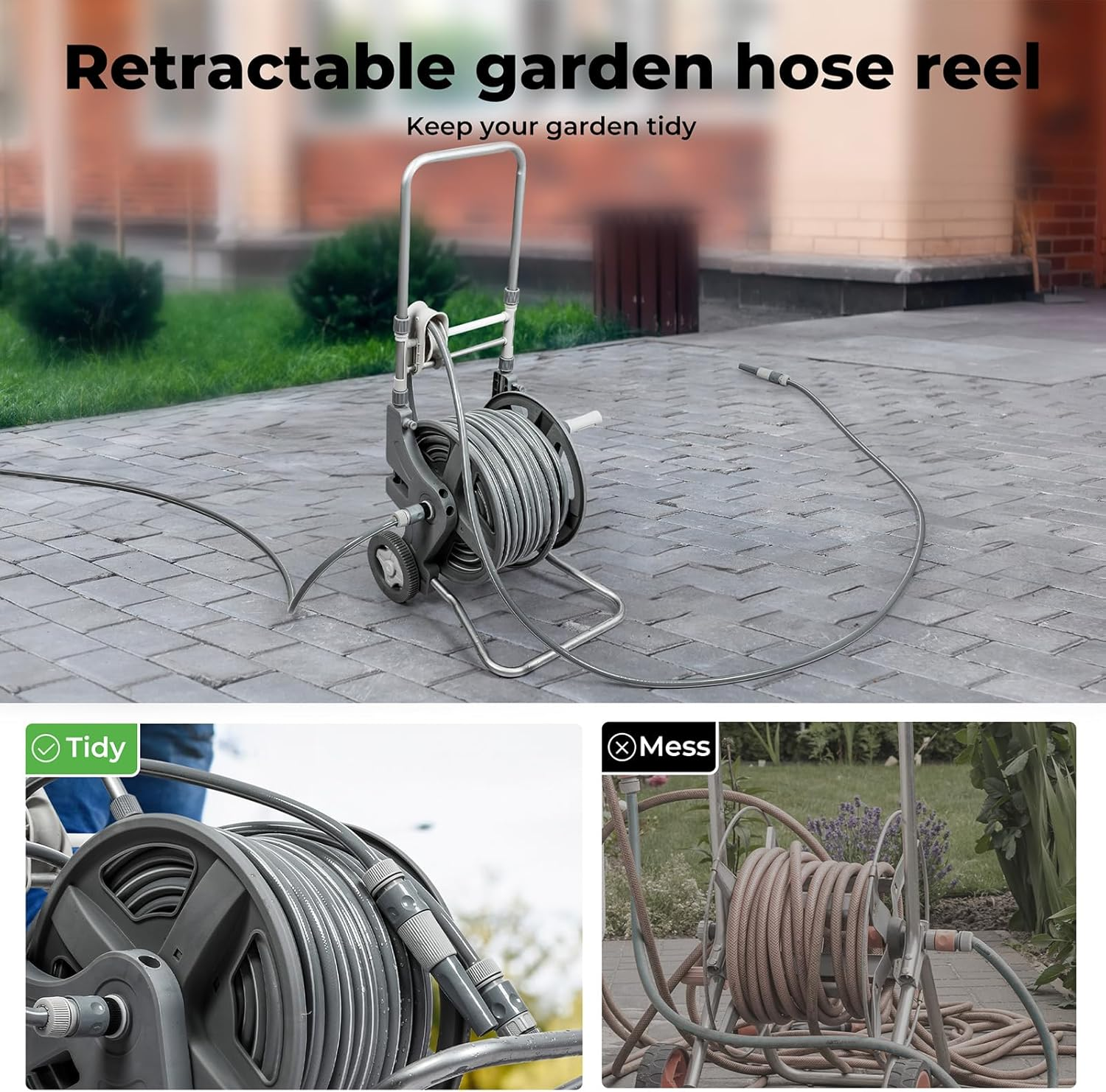 Traderight 45M Portable Water Hose Reel Holder, 1/2'', 2 Nozzle Modes, Self-Closing Water Pipe Valve, Push Cart with Stable Wheels, Garden Watering Car Washing Pet Bathing, PP PVC Material, Outside