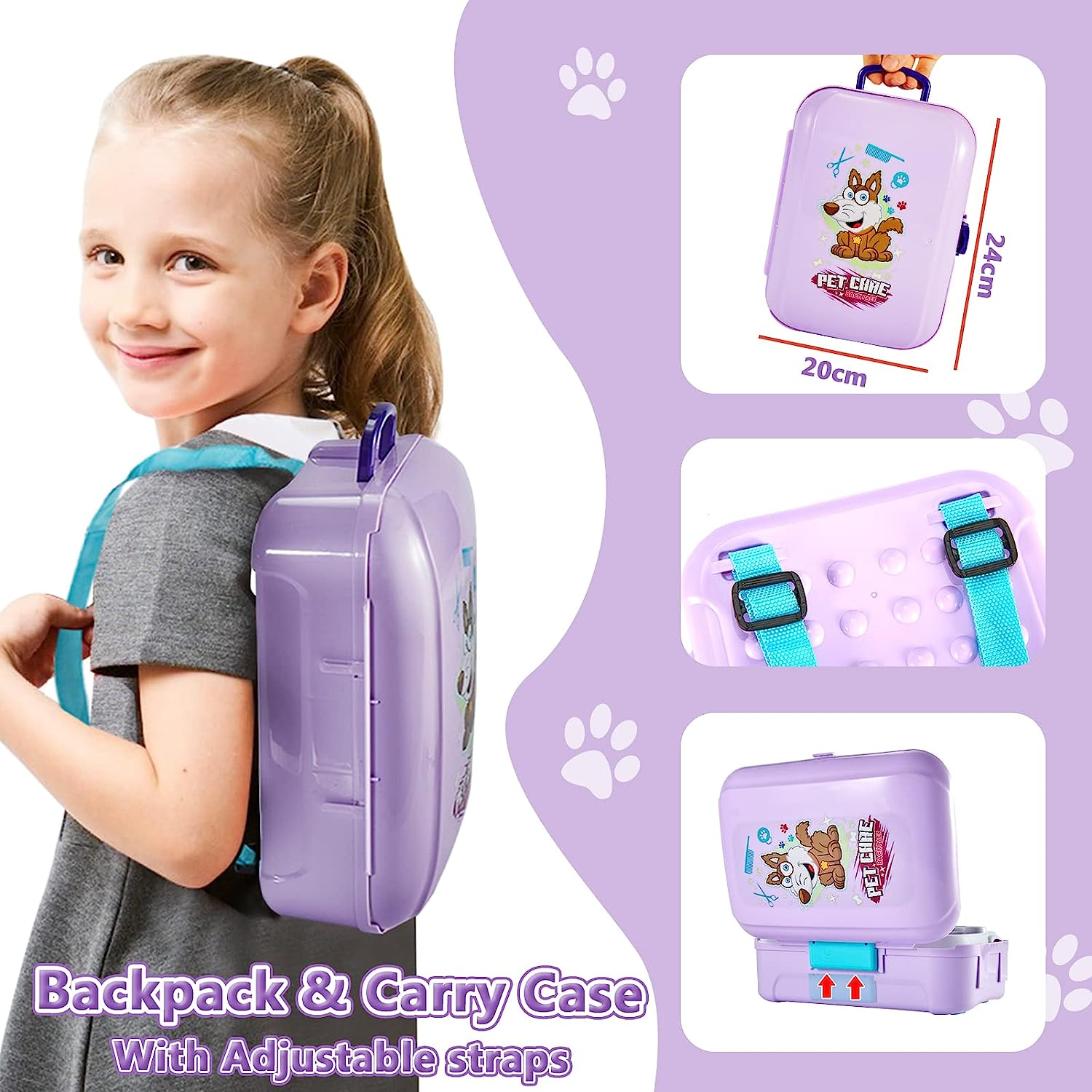 HERSITY Kids Vet Kit Dog Grooming Toy Pet Care Role Play Games Animal Dolls Pretend Play Pet Carrier Set Toys 3 4 5 Year Old Girls Boys Children Gifts