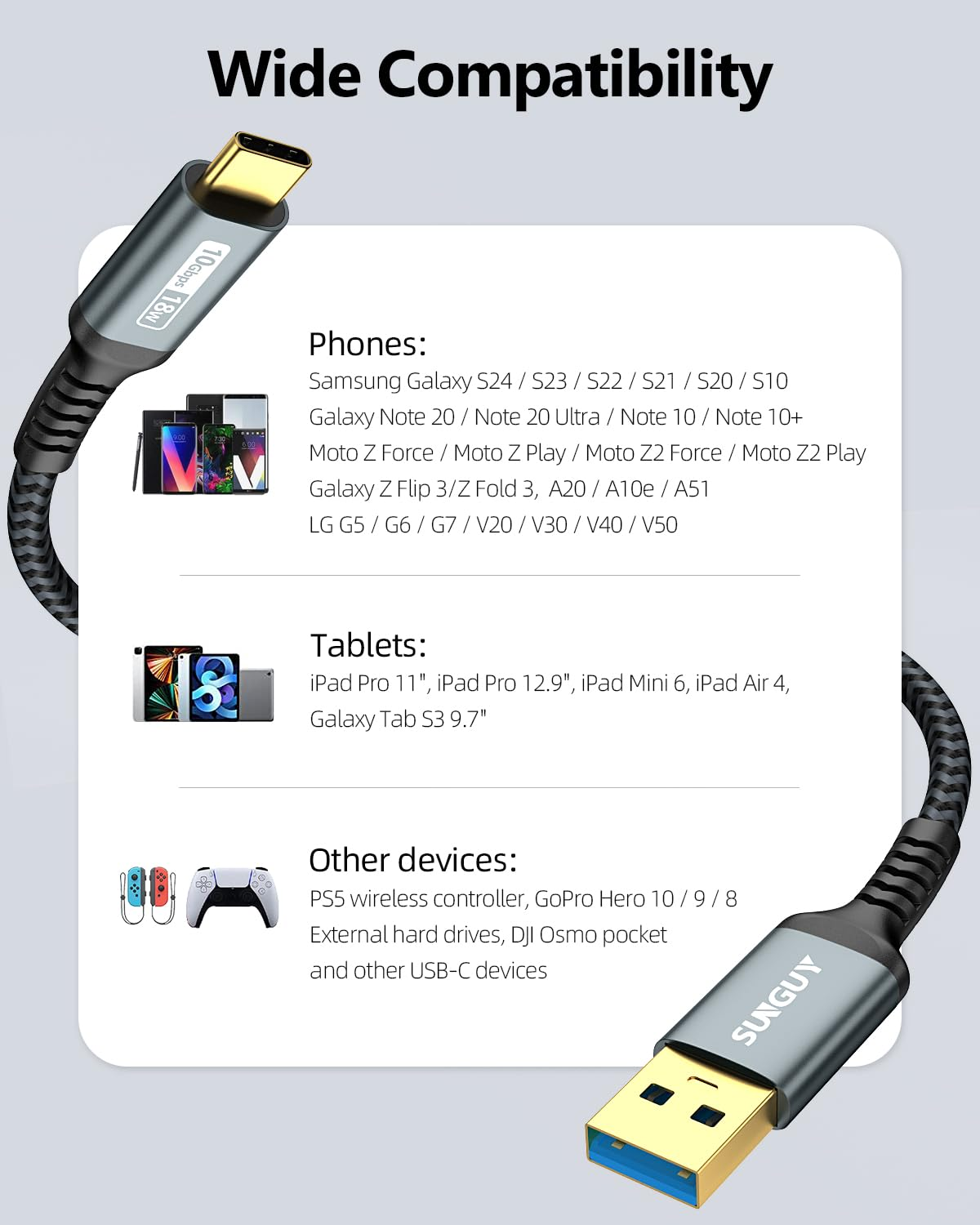 SUNGUY USB C 3.1 Gen 2 Cable 1FT/0.3M 10Gbps Highspeed Data Transfer Android Auto Fast Charging Cable Compatible with Iphone 16/15 Series, Samsung Galaxy S24 S23, USB C External C SSD - Grey image number 2