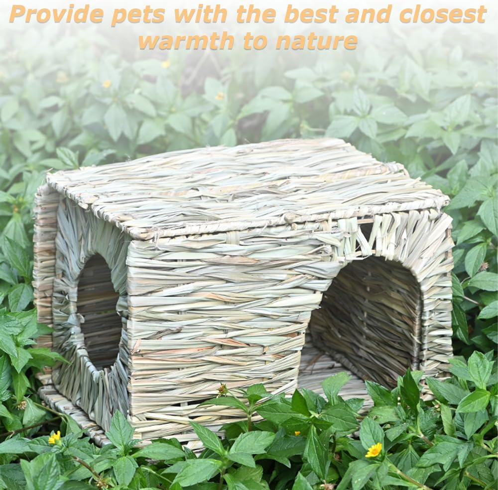 2 Pcs Foldable Grass Woven Animal House/Edible Bunny Hut,Natural Hand Woven Rabbit Cage & Seagrass Hay Bed, Grass House for Rabbit,Totoro,Guinea Pig