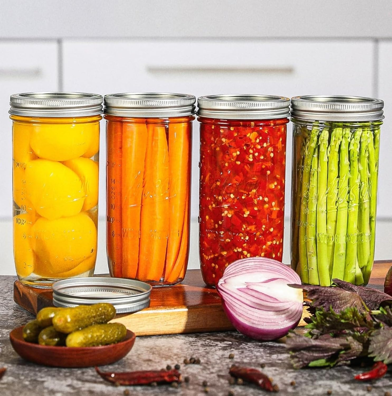 LATERN 6Pcs 24Oz Wide Mouth Mason Jars, 720Ml Printed Glass Jar Leakproof Mason Glass Jars with Airtight Lid and Band for Preserving Jam Honey Jelly Sauces Meal Prep Overnight Oats Salad Yogurt image number 1