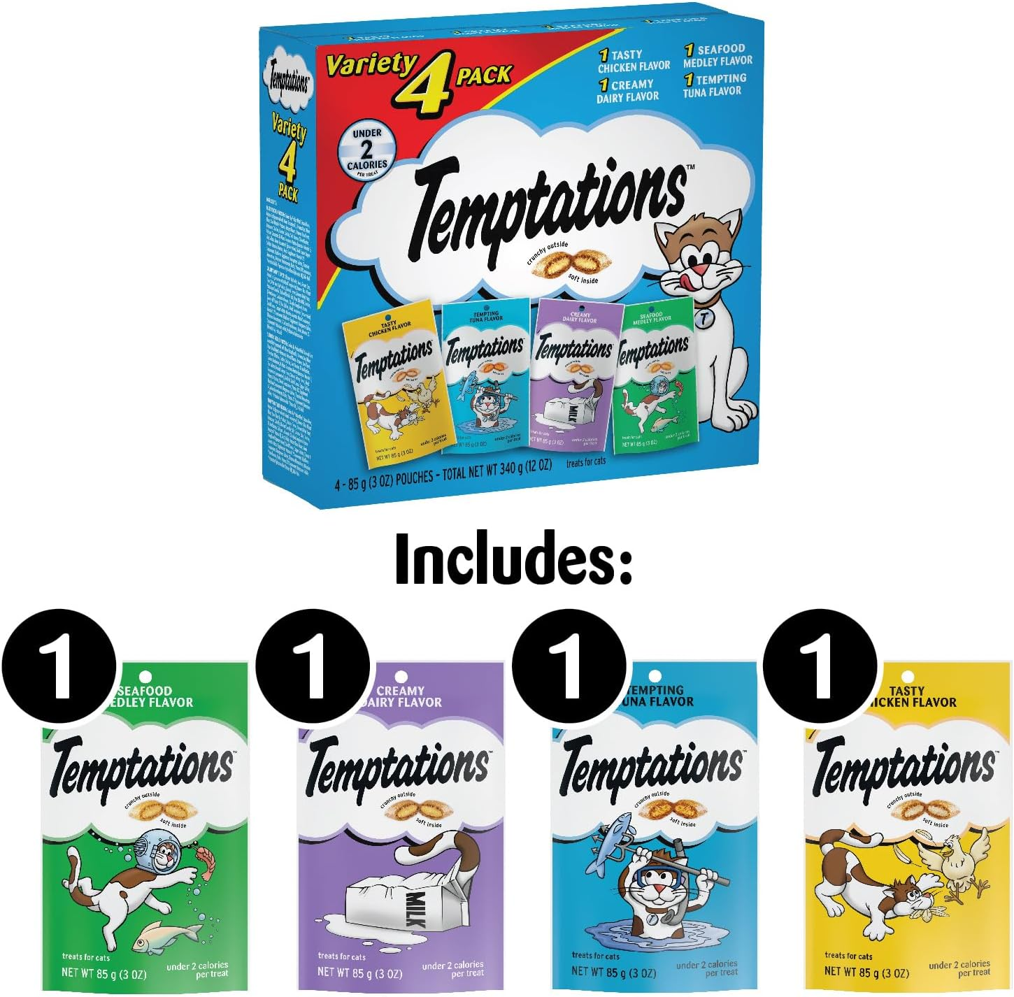 Temptations Classic Crunchy and Soft Cat Treats Feline Favorites Variety Pack, 3 Oz. Pouches (Pack of 4)