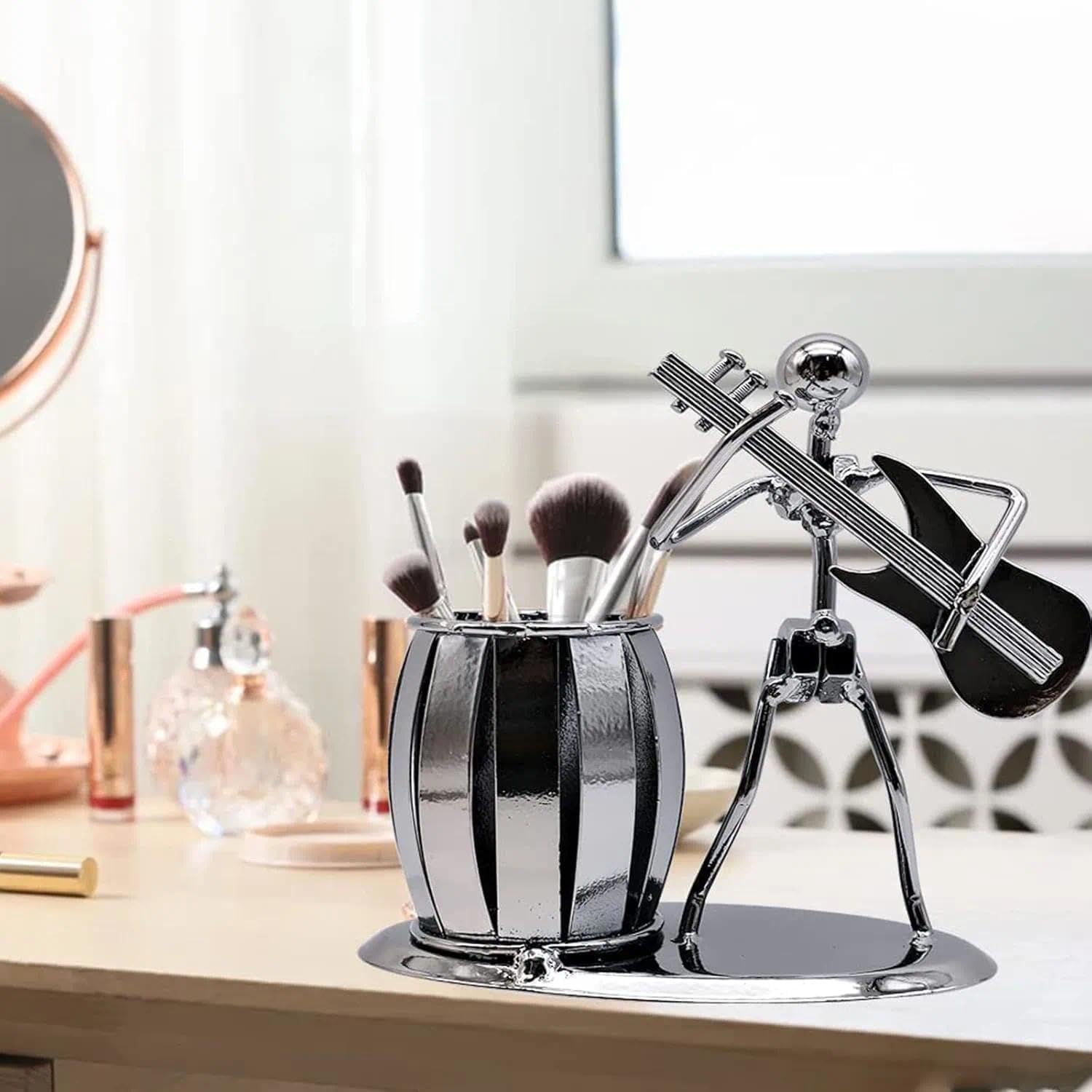 CRFY Metal Art Pen Pencil Holder, Creative Guitar Player Pen Cup, Office Desktop Ornaments Music Decoration Gift