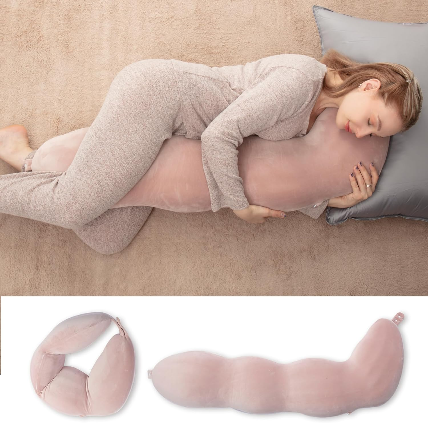 Texstead Pea Body Pillow for Side Sleepers, Hugpillow Cuddle Pillows for Adults,Memory Foam Hug Pillow 109X43Cm Pink - Grey image number 4