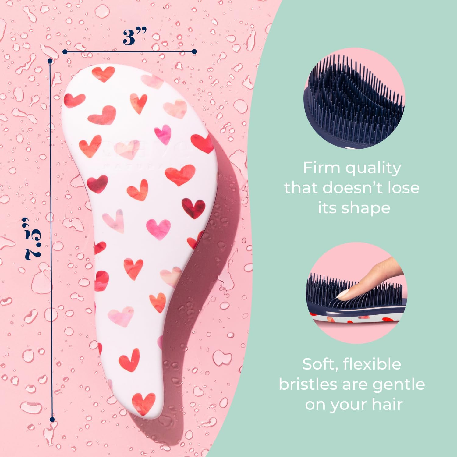 Crave Naturals Glide Thru Detangling Hair Brush for Adults and Kids Hair - Detangler Brush for Curly, Straight, Wet or Dry Hair - Hairbrush for Men and Women - Pink Hearts image number 3