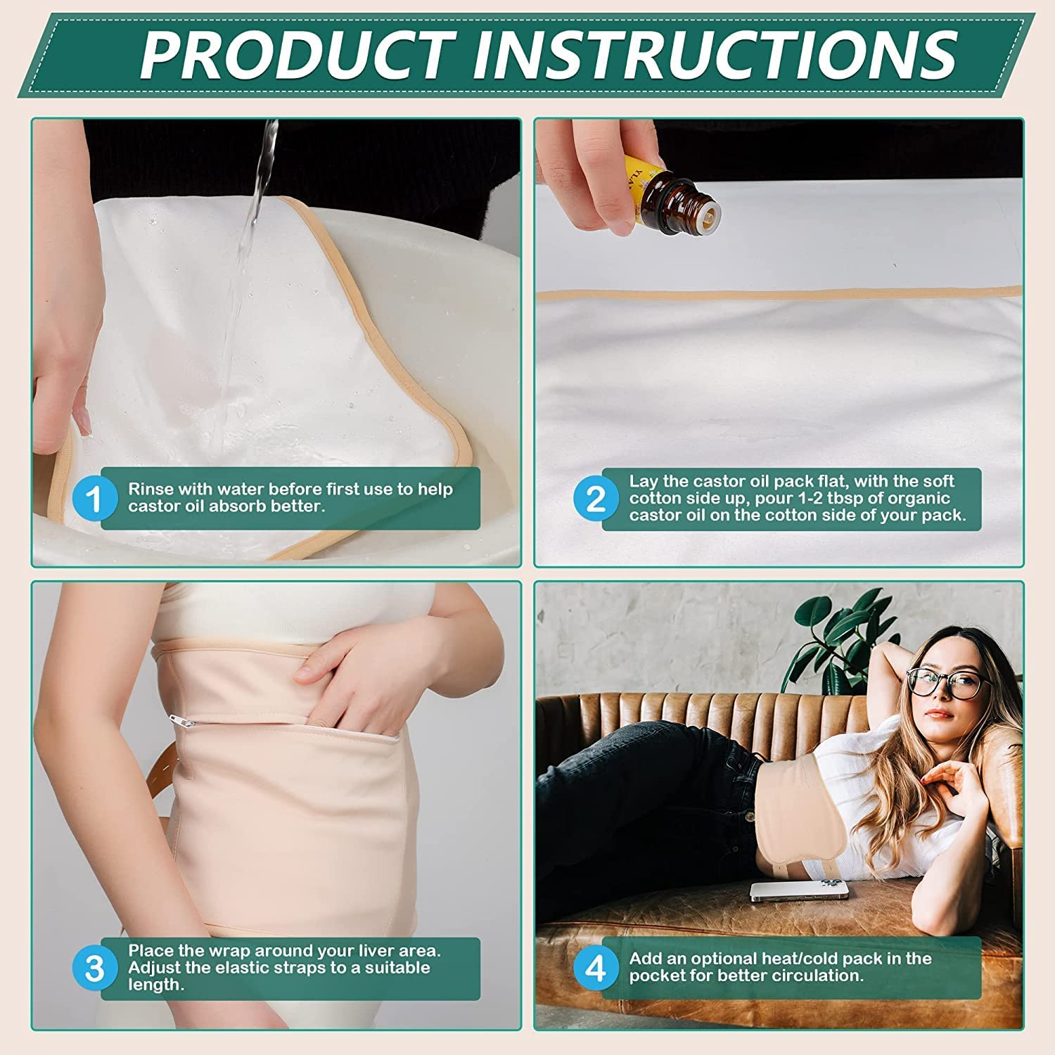 Castor Oil Pack Wrap,Reusable Washable Castor Oil Pack Kit, Castor Oil Pack Compress for Liver Detox, Constipation, Insomnia and Relax for Men and Women image number 6