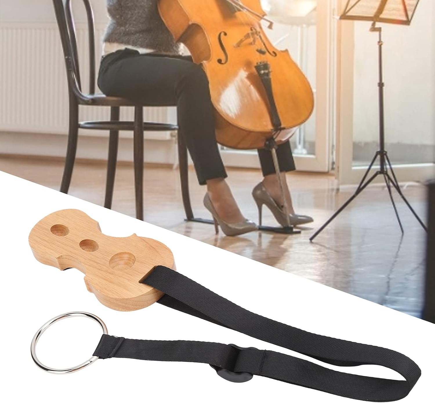 Cello End Pin Stopper, Cello Antislip Strap O Ring Holder Wood Fixing Plate Musical Instrument Endpins Accessories, Solid Wood Anchor Rest for Cello anti Slip (Wood Color) image number 6