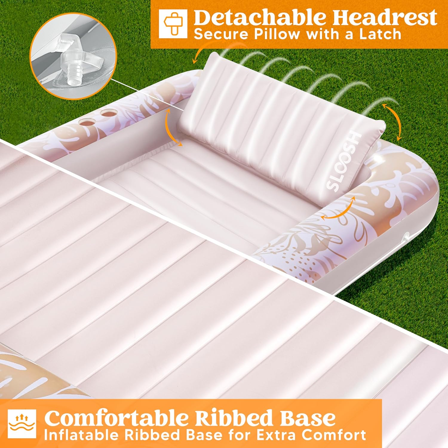 SLOOSH Inflatable Tanning Pool Lounger Float, 70" X 46" Pool Floats Adult with Pillow, 4 in 1 Suntan Tub Raft Floatie,Sunbathing Bed Lounge for Water Blow up Kids Ball Pit Party Gifts, L-Champagne image number 5