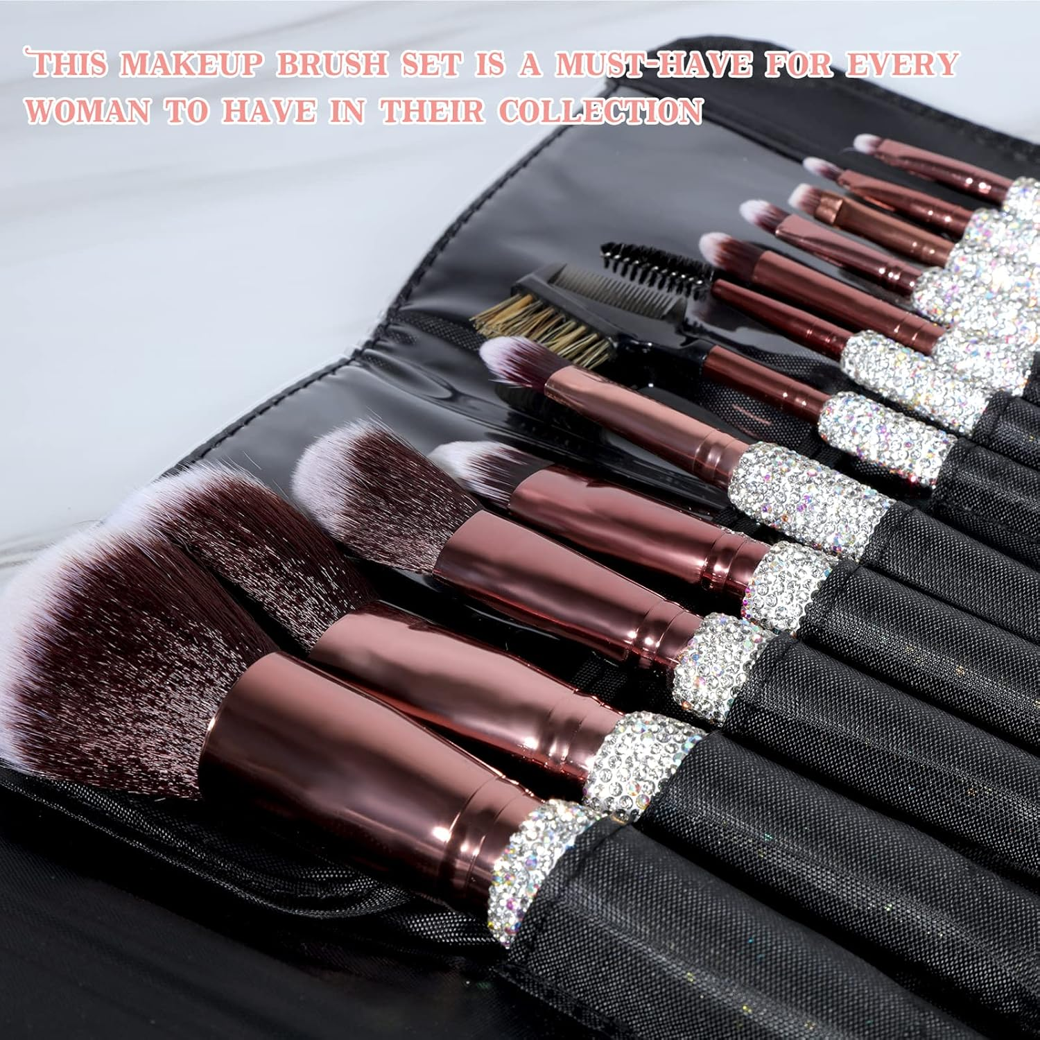 Makeup Brushes Bling Crystal Professional Face Cosmetics Blending Liquid Foundation Powder Concealer Eye Shadows Make up Beauty Tool Glitter with Pouch Bag Kit Purely Handmade (12PCS) (White)