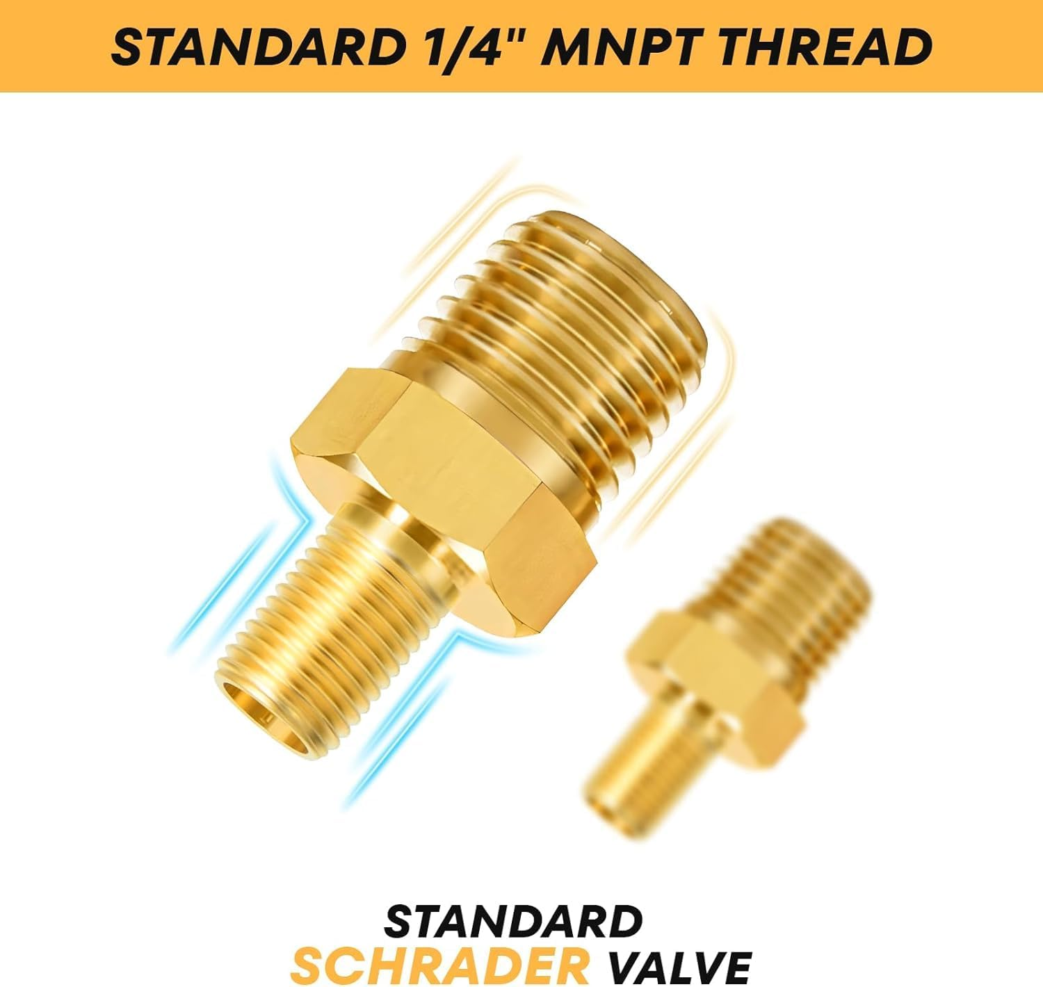 THJOPOKEEL 4Pcs Air Inflator Adapter, Anti-Corrosion Brass Schrader Valve with 1/4" Male NPT, Tire Inflator Connector for Auto Portable Air Compressor/Pump, Includes Protective Caps image number 4