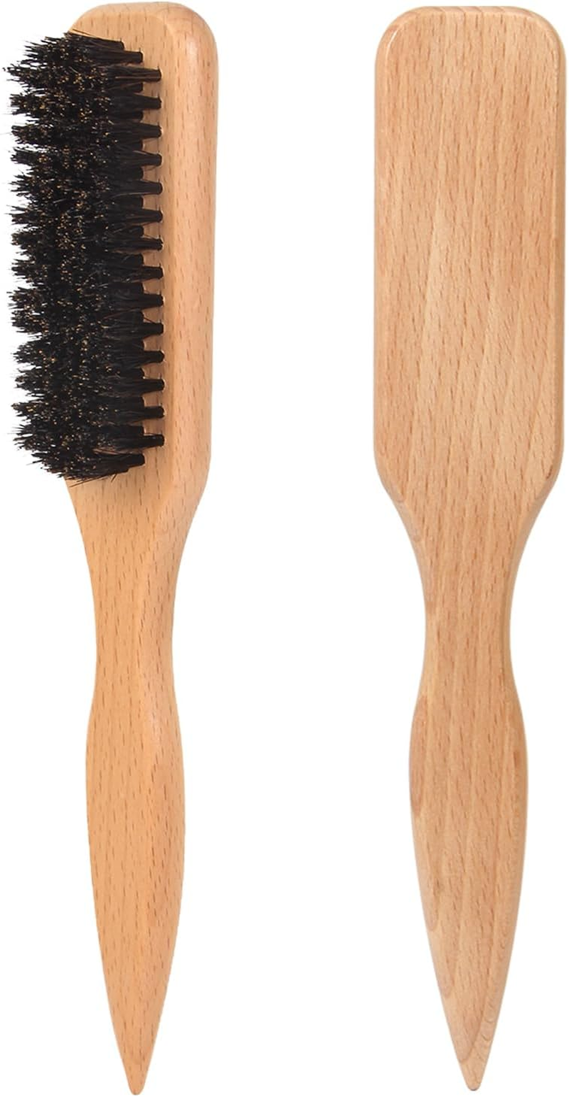 Slick Back Hair Brush for Smoothing Ponytail, Boar Bristle Hair Brush Set &ndash; Edge Control Brush, Wooden Rat Tail Comb & Teasing Brush for Men & Women, Ideal for Sleek Styles, Wax Stick Application & Hair Parting image number 2
