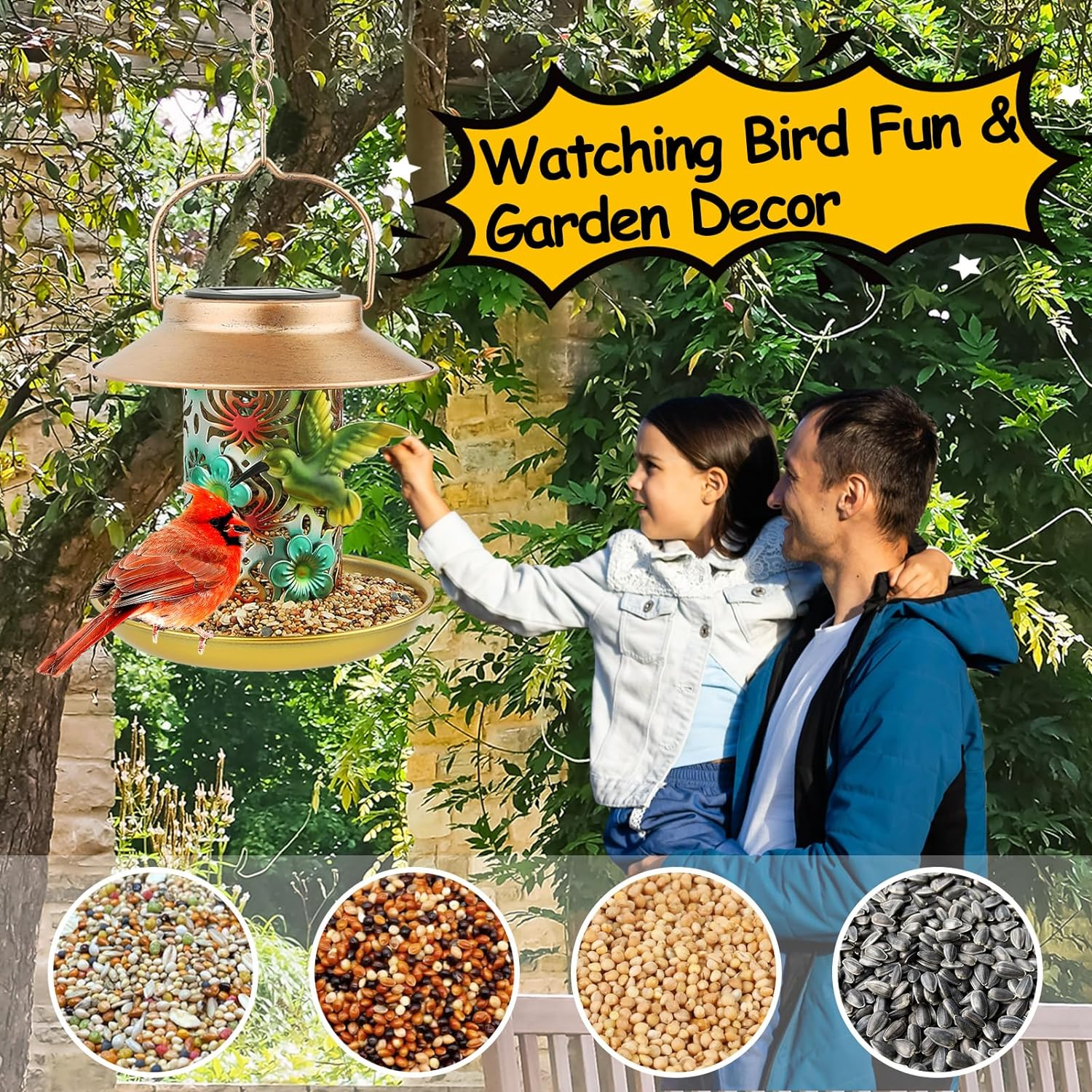 PENXUA Solar Bird Feeder for Outdoors Hunging, Gifts for Mom Grandma Women, Metal Waterproof outside Wild Bird Feeders,Cardinals Feeders, Gifts for Bird Lovers, Lantern Light, Garden Decoration image number 2