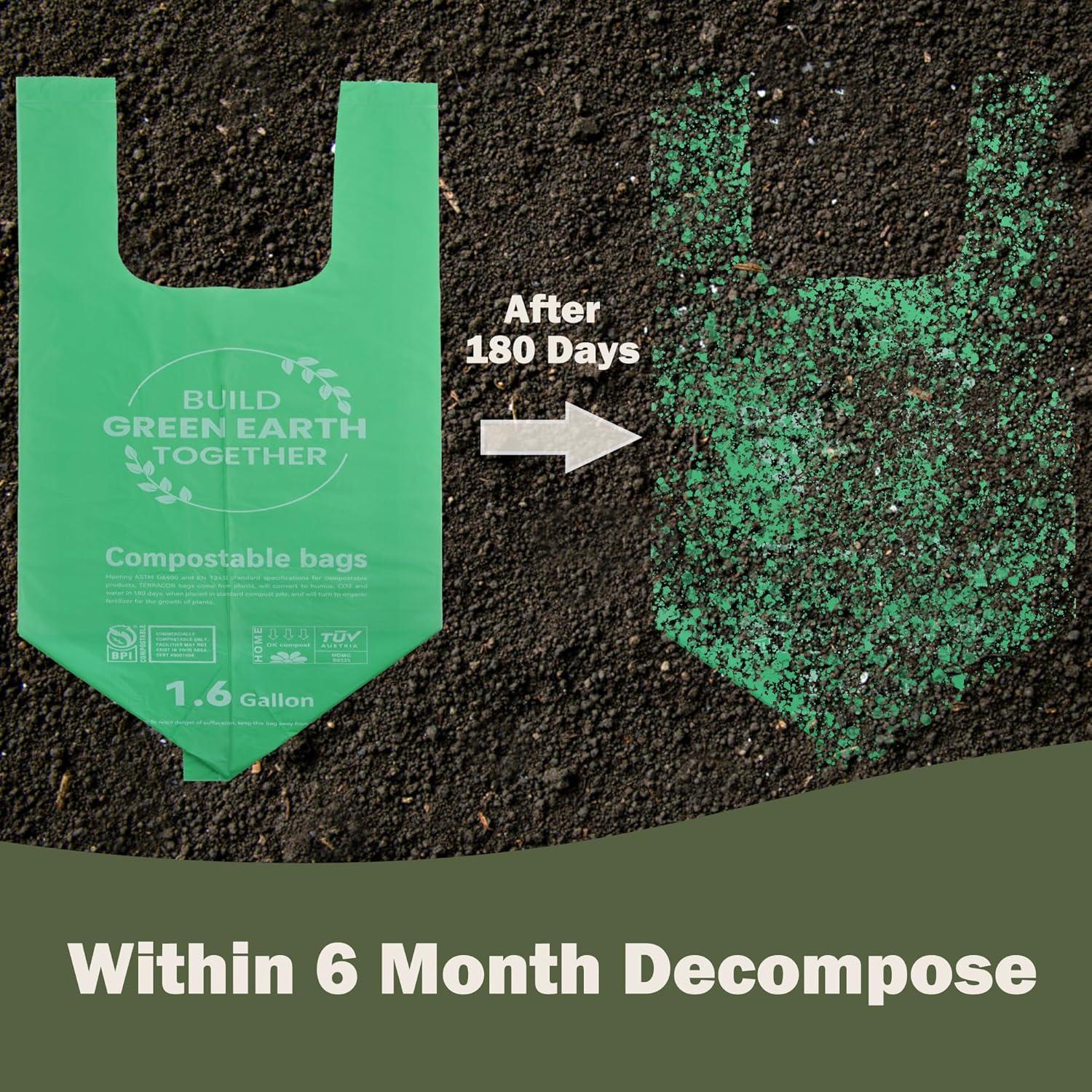 Compostable Bin Liners 6 Liter Extra Thick 0.6 Mils, Biodegradable Food Scrap Waste Bags with US BPI ASTM D6400 and Europe OK Compost Home Certified 80 Couts image number 5