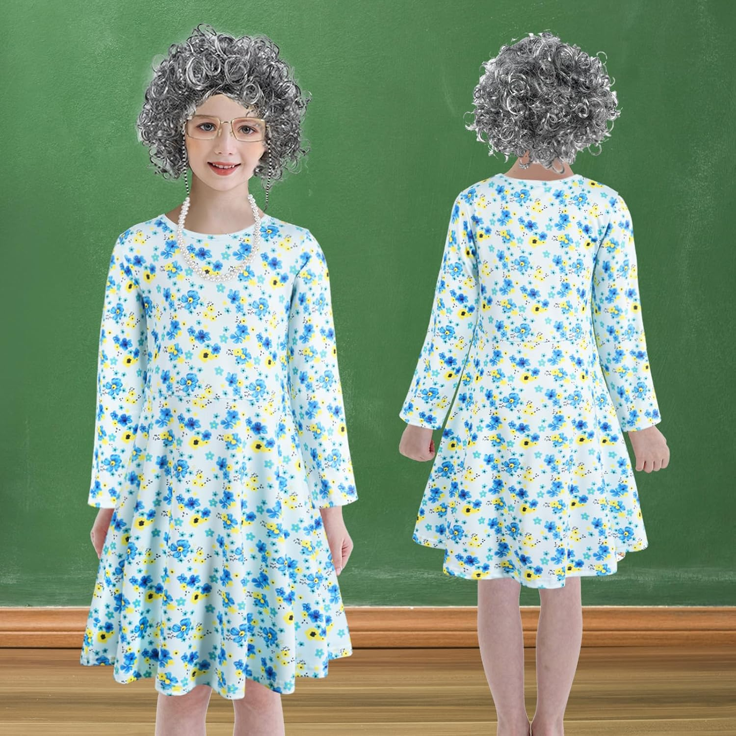 100 Days of School Costume Old Lady Costume for Kids Girls Granny Dress up 100 Year Grandma Halloween Cosplay with Accessories image number 5