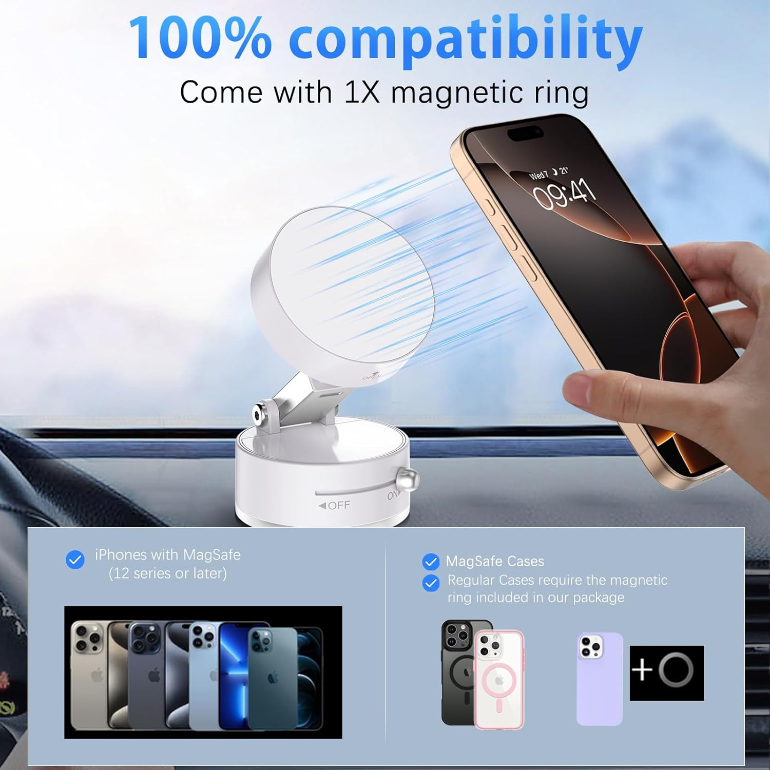 VENINGO Magnetic Vacuum Car Phone Holder, 360&deg; Rotatable Foldable and Retractable Double-Sided Suction Cell Phone Stand Dashboard Mount for Car/Kitchen/Office Mirror Mount Fit All Smartphones, White image number 5