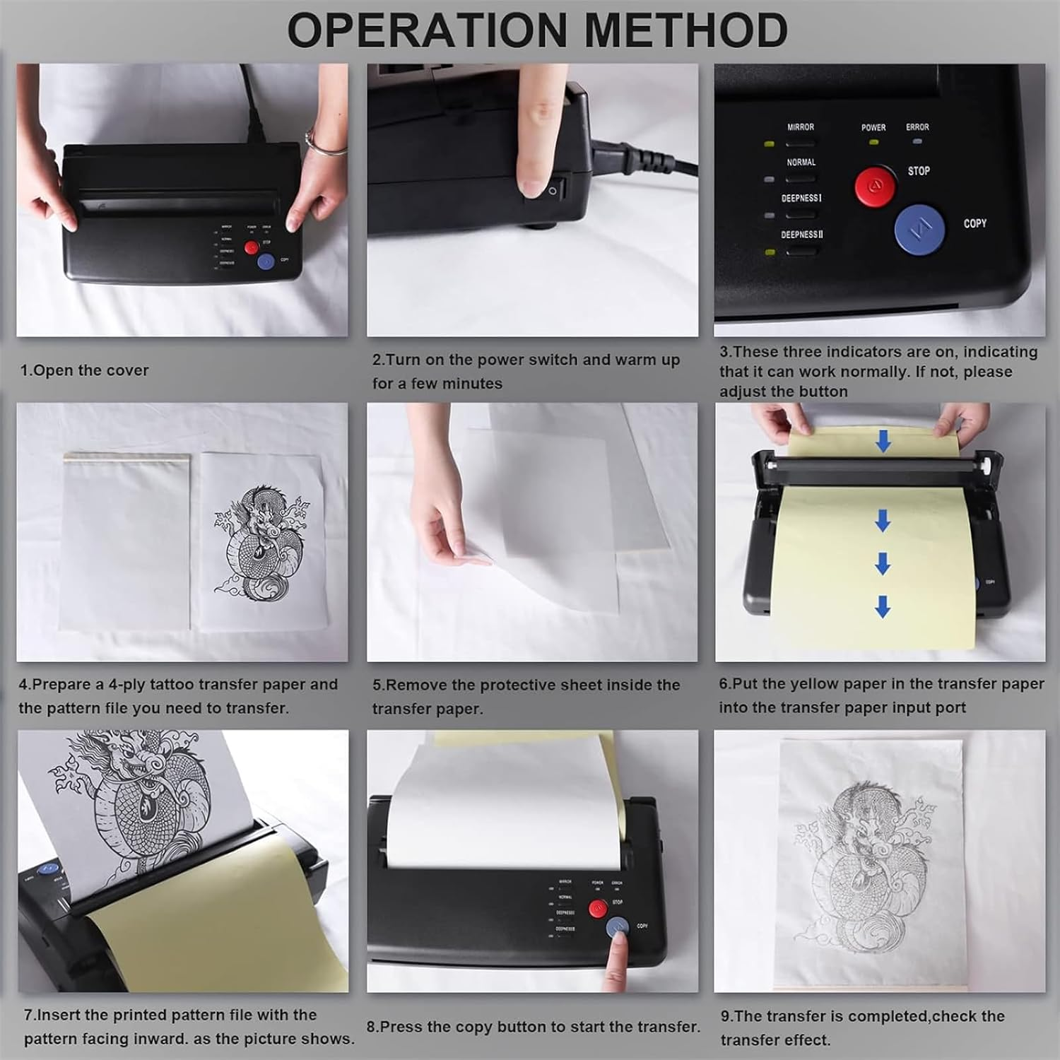 Tattoo Stencil Printer Tattoo Thermal Transfer Machine Tattoo Printer Tattoo Stencil Machine Thermal Template Printer Copier Tattoo Kit Tattoo Supplies with 20Pcs Transfer Paper image number 5