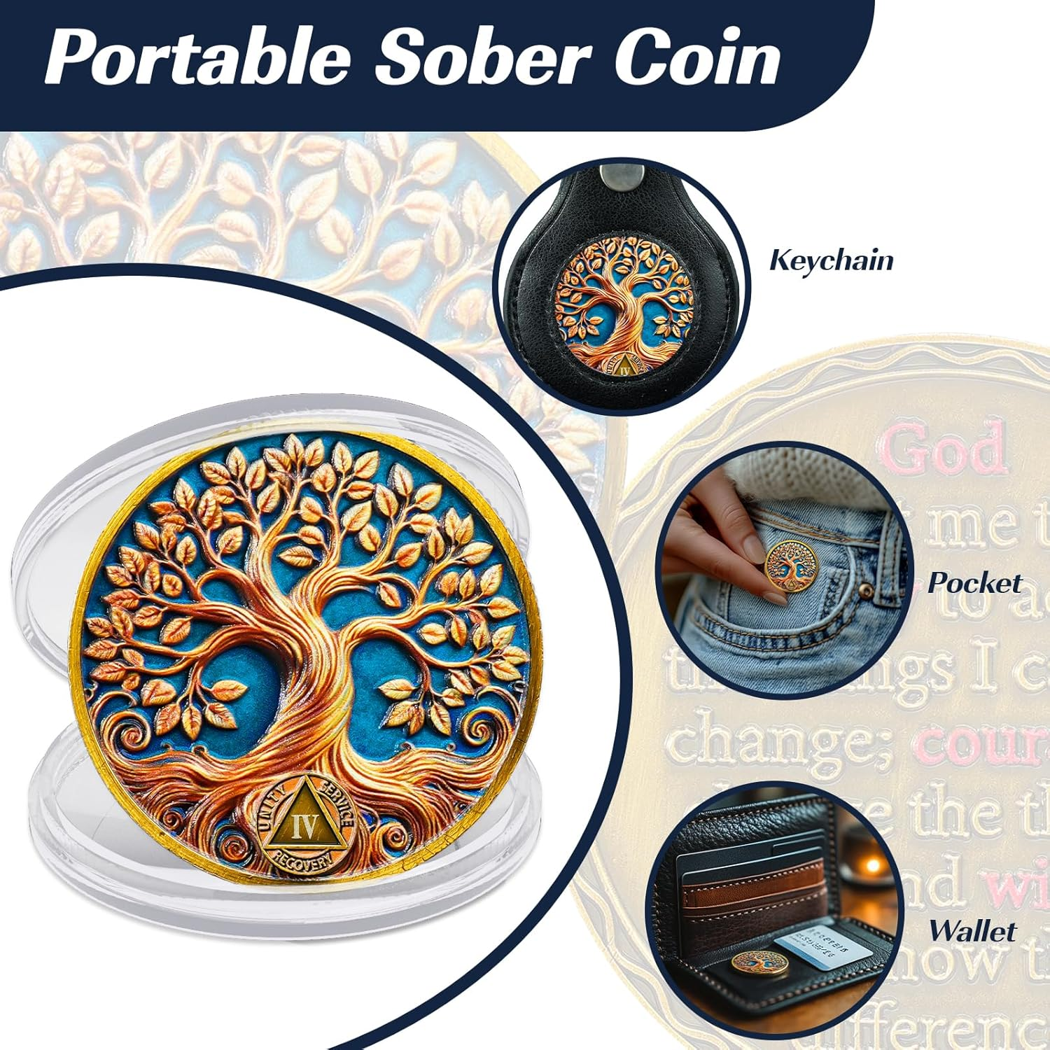 Gold Leaf Tree 4 Year Sobriety Coin， Affirmation NA Coin, Addiction Recovery Four Year Sober Chip, Celebrating Recovery Anniversary Token, Narcotics Anonymous Sobriety Gifts for Men Women image number 4
