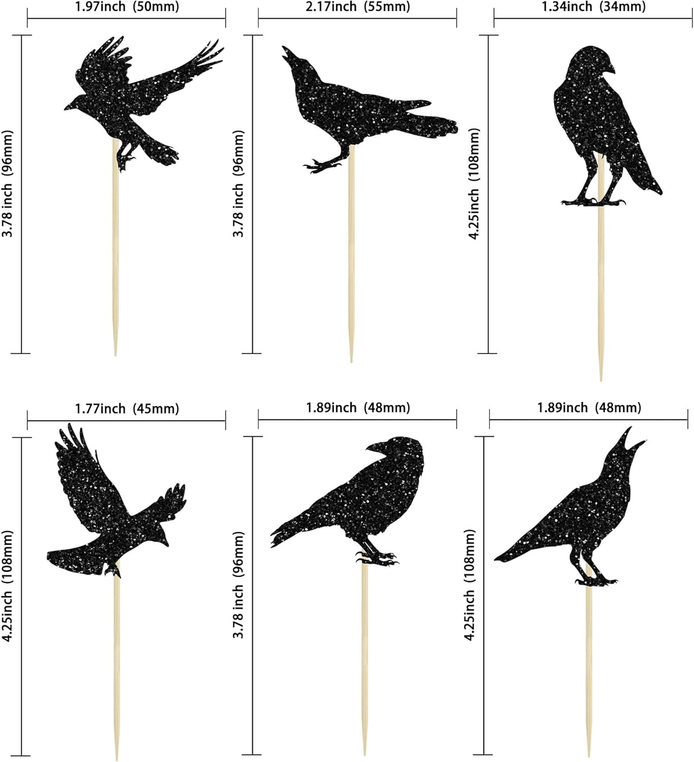 24Pcs Black Crow Cupcake Toppers Glitter Raven Halloween Cupcake Picks for Horror Crow Halloween Theme Birthday Party Cake Decorations Supplies