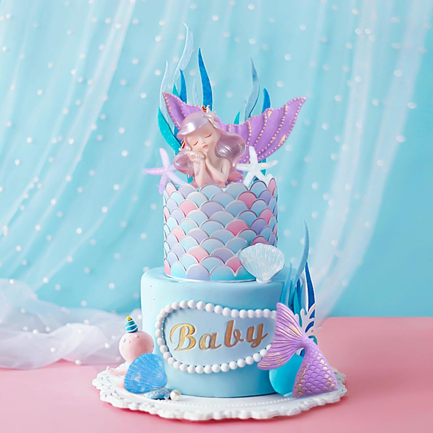 Jevenis Purple Mermaid Cake Toppers - under the Sea Cake Decoration Set with Seashells, Mermaid Tail, Sea Star Toppers - Purple image number 6