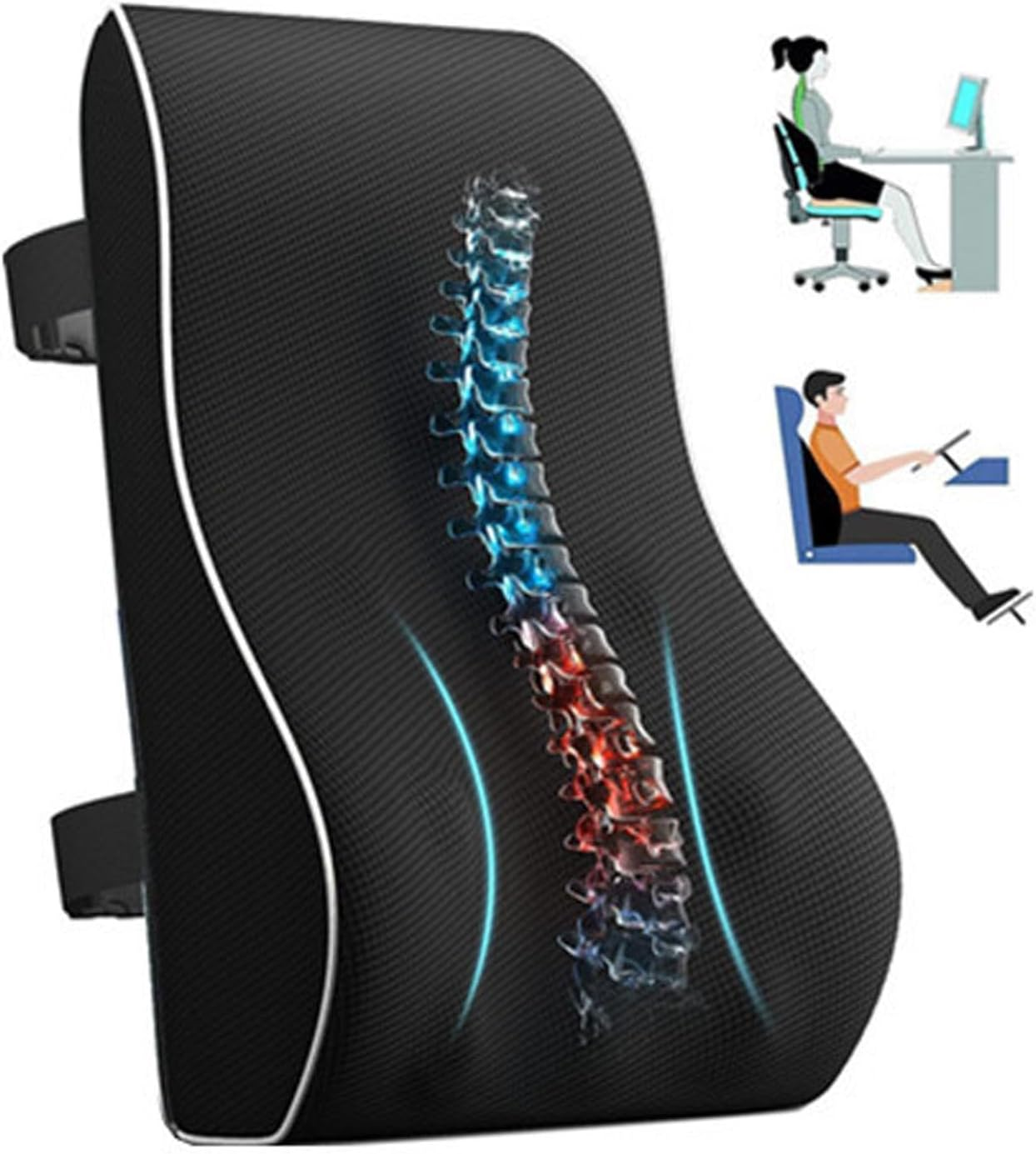 Ergonomic Lumbar Support Cushion, Memory Foam Back Support for Car Seat Office Chair Gaming Chair, Backrest with Breathable 3D Mesh Cover & Dual Adjustable Straps (Black) image number 1