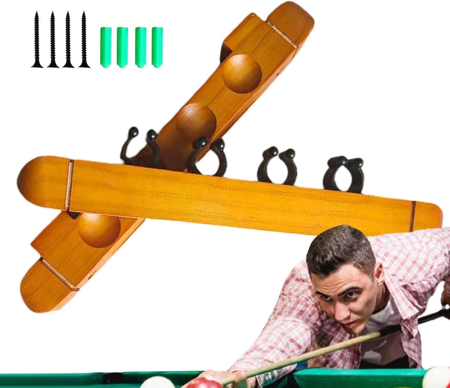 Billiards Pool Cue Rack, 4 Cue Clips Billiard Stick Wall Rack, Sturdy Wall Rack for Pool Cue Sticks, Stylish Hardwood Pool Cue Set Holder, Pool Accessories