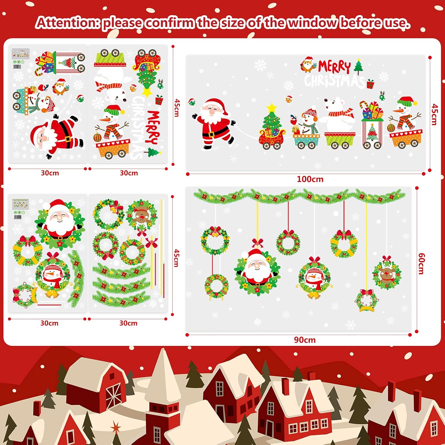 Hianjoo Christmas Window Stickers, 4 Sheets Xmas Glass Stickers with Snowflake, Snowman, Santa Claus, Garland for Christmas Indoor Wall Decorations Removable Window Display Showcase Door image number 1