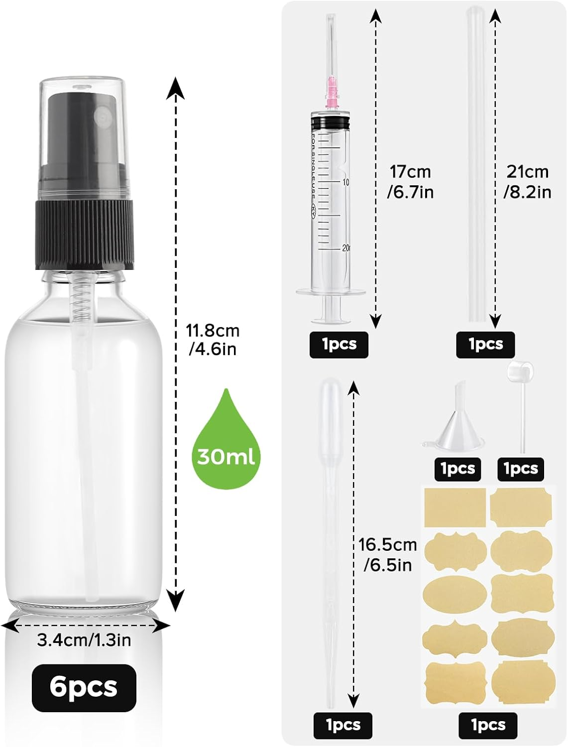Bohoray Pack of 6 30 Ml Spray Bottle, Small Glass, Glass Spray Bottle, Atomiser Spray Bottle, Pump Atomiser with Funnel/Syringe/Label, Portable Transparent Atomiser Perfume for Cosmetics, Liquid image number 5