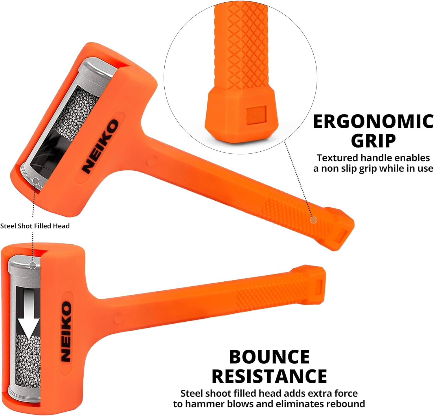 NEIKO 02888A Dead Blow Hammer Set, 3Pc Neon Orange Deadblow Mallet, 1Lb, 2Lb, 3Lb Hammers, Spark and Rebound Resistant, Unibody Molded, Checkered Grip image number 1