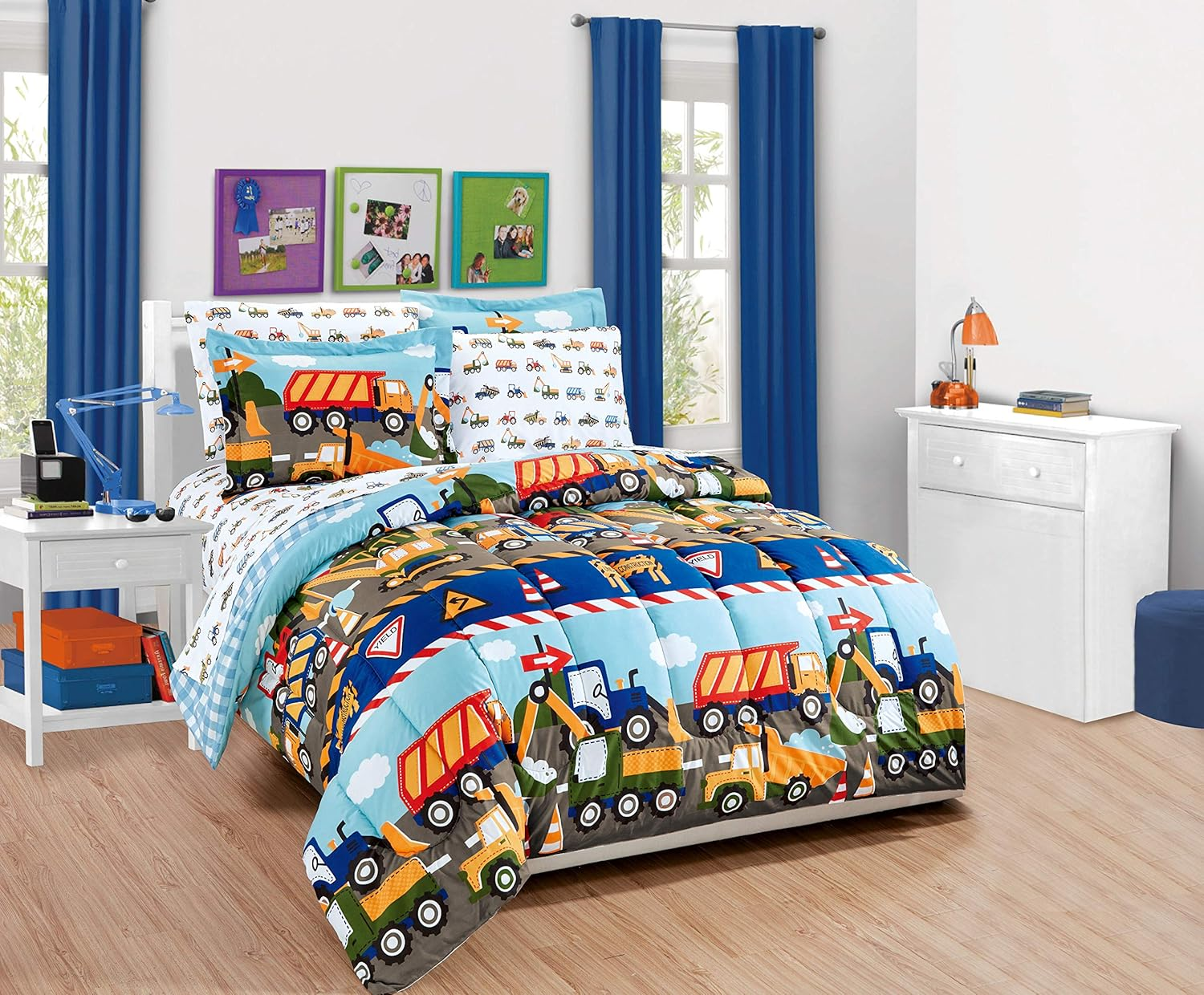Fancy Linen 3Pc Toddler Bed Comforter Set under Construction Zone Trucks Tractors Light Blue Red Yellow Dark Blue image number 3