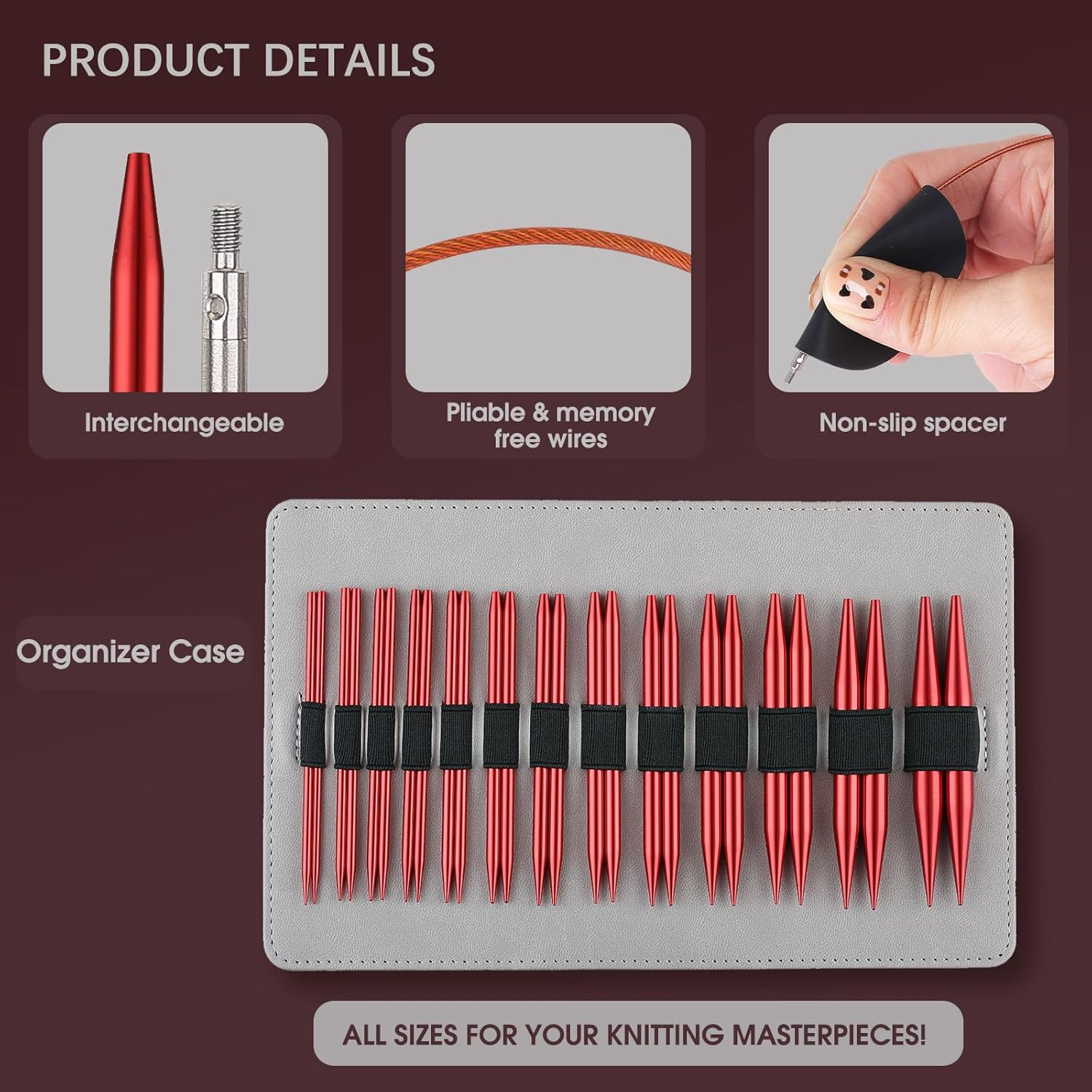 Interchangeable Circular Knitting Needles Set Sizes US 2.5, 3, 4, 5, 6, 7, 8, 9, 10, 10.75, 11, 13, 15 with Cables, Accessories and Case (Rose Red) image number 2