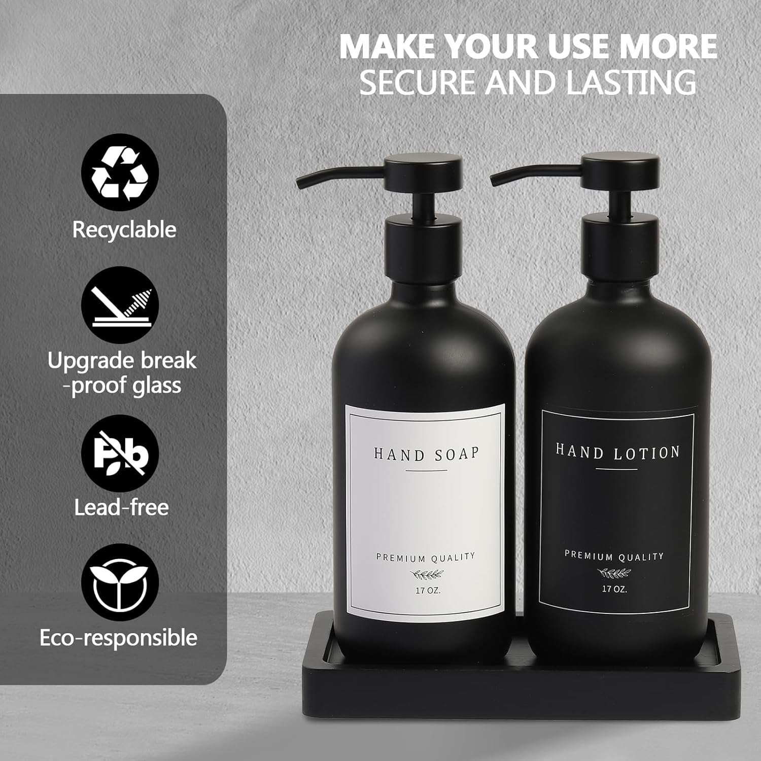 Black Soap Dispenser - Kitchen Hand Dish Soap Dispenser, Glass Bathroom Soap Lotion Dispenser with Tray, Dishwashing Liquid Dispenser, 14 Stickers, Black Bottle/Black Pump-Pd - Black Bottle/Black Pump image number 3