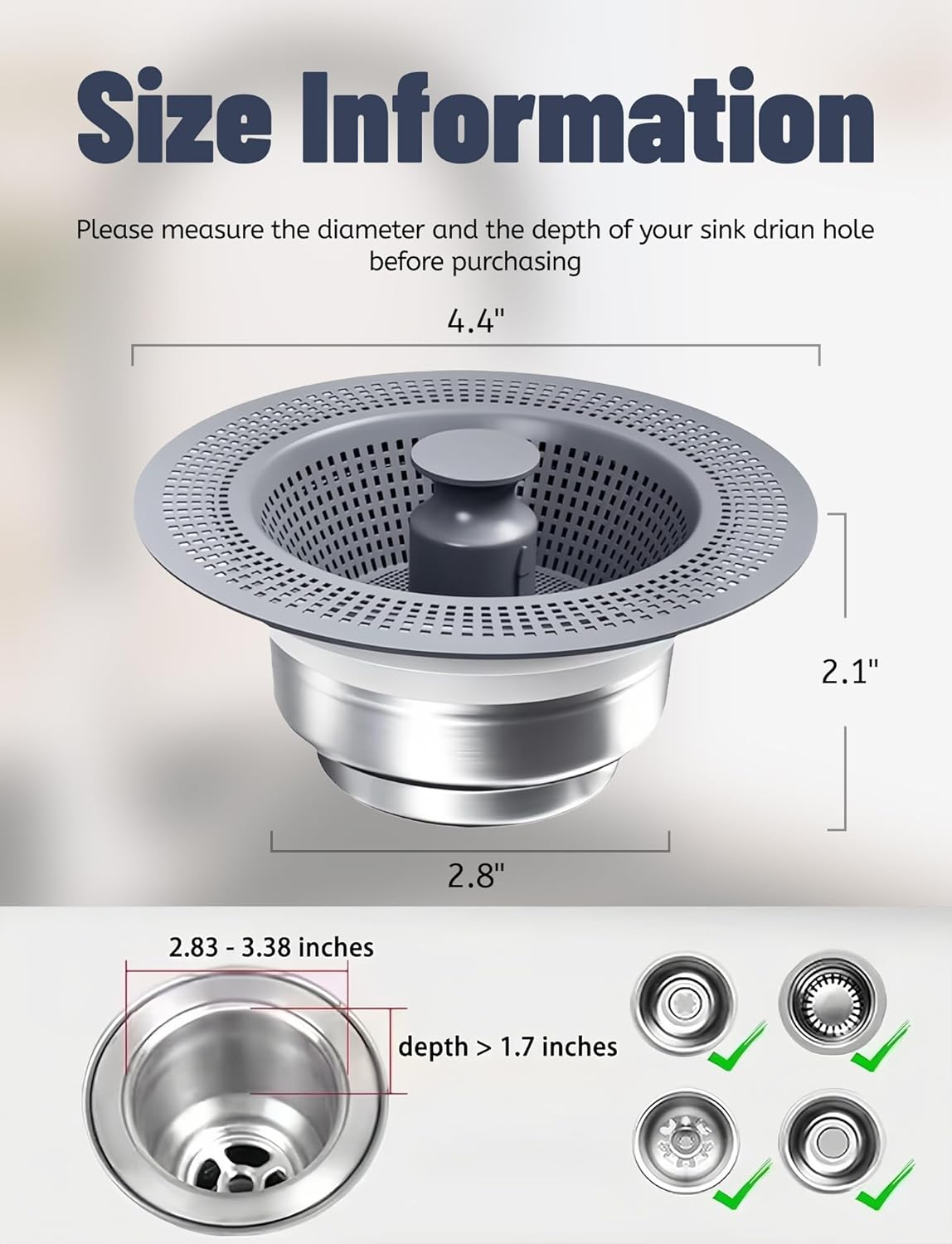 Upgraded Kitchen Sink Drain Strainer and Stopper Set 304 Stainless Steel Pop up Sink Drain Strainer with Rod Anti-Clog Kitchen Sink Filter Clog-Free Kitchen Sink Strainer Light Silver - Light Silver image number 2