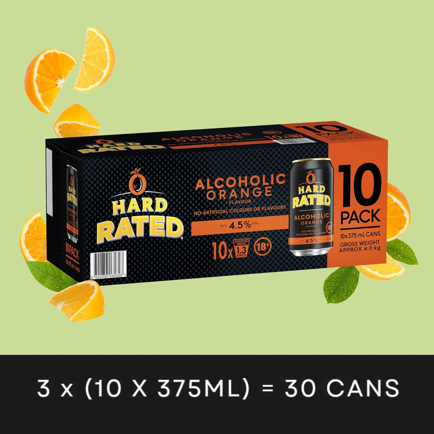 Hard Rated, Orange Flavour, Refreshing Premix Drink, 4.5% ABV, 375Ml (Case of 30 Cans)