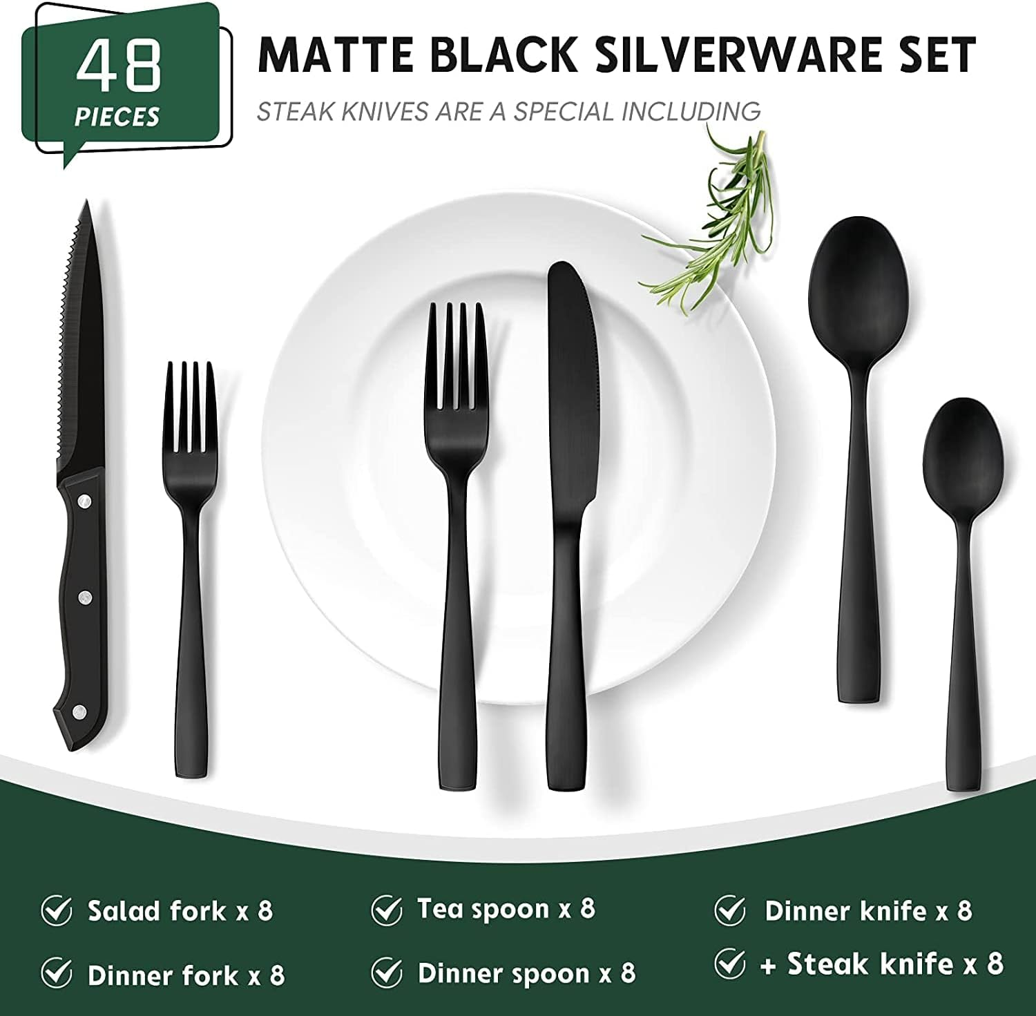 Hiware 48-Piece Matte Black Silverware Set with Steak Knives, Black Flatware Set for 8, Stainless Steel Tableware Cutlery Set, Utensil Sets for Kitchen, Hand Wash Recommended image number 6