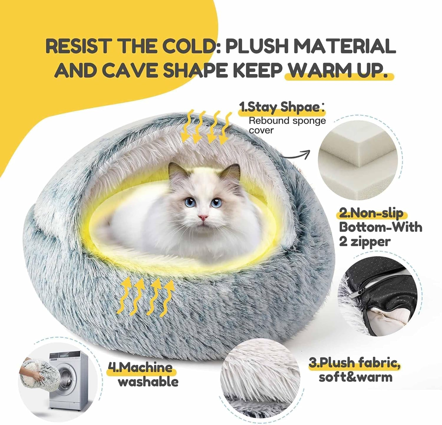 Warm Cat Cave Beds with Self-Warming Plush Machine Washable Non-Slip Base Breathable for Small Cats&Dogs Indoor (Grey, 60Cm) image number 1