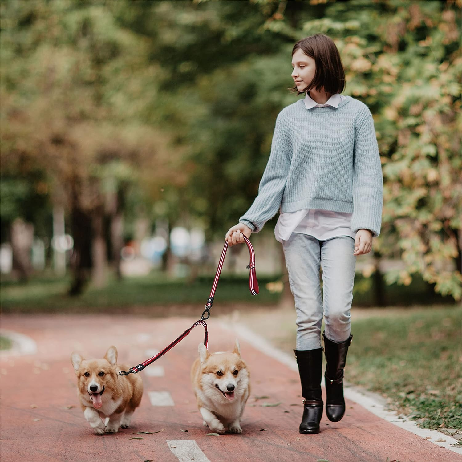 Kruz Double Dog Coupler - KZVX2-15S - Tangle Free Dog Walking and Training Dual Extension Coupler - Comfortable, Shock Absorbing - Reflective Bungee Coupler for Two Dogs - Blue - 5/8" X 14" image number 6