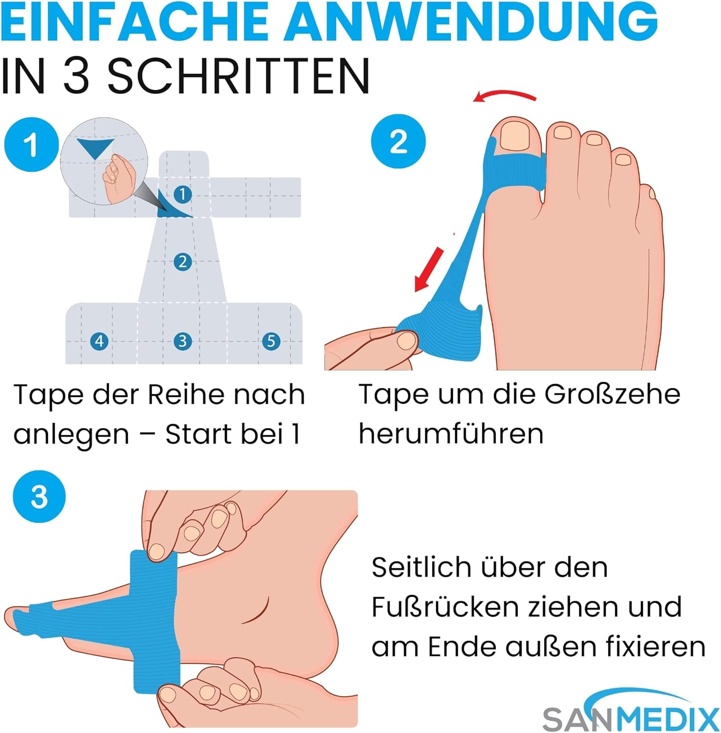 Hallux Valgus Kinesiology Tape - 20 Pre-Cut Sports & Physio Tapes for Toe and Foot - Precut Kinesiology Tape for Bunions, Skin Friendly and Latex-Free (Black + Blue, Pack of 20) image number 5