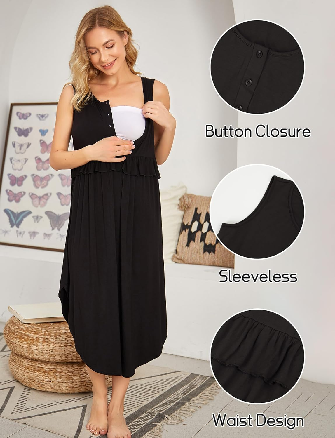 KEOYA Women'S Maternity Nursing Dress Stretchy Sleeveless Breastfeeding Long Dresses Button Front Nursing Clothes