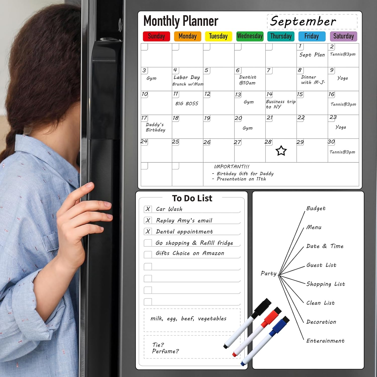 Zazzykid Magnetic Dry Erase Planner for Fridge: Pack of 3-14.6&rdquo; X 11.6&rdquo; Magnetic Monthly Calendar with Markers+ 7.3&rdquo; X 11.6&rdquo; to Do List Pad & Fridge Whiteboard image number 5