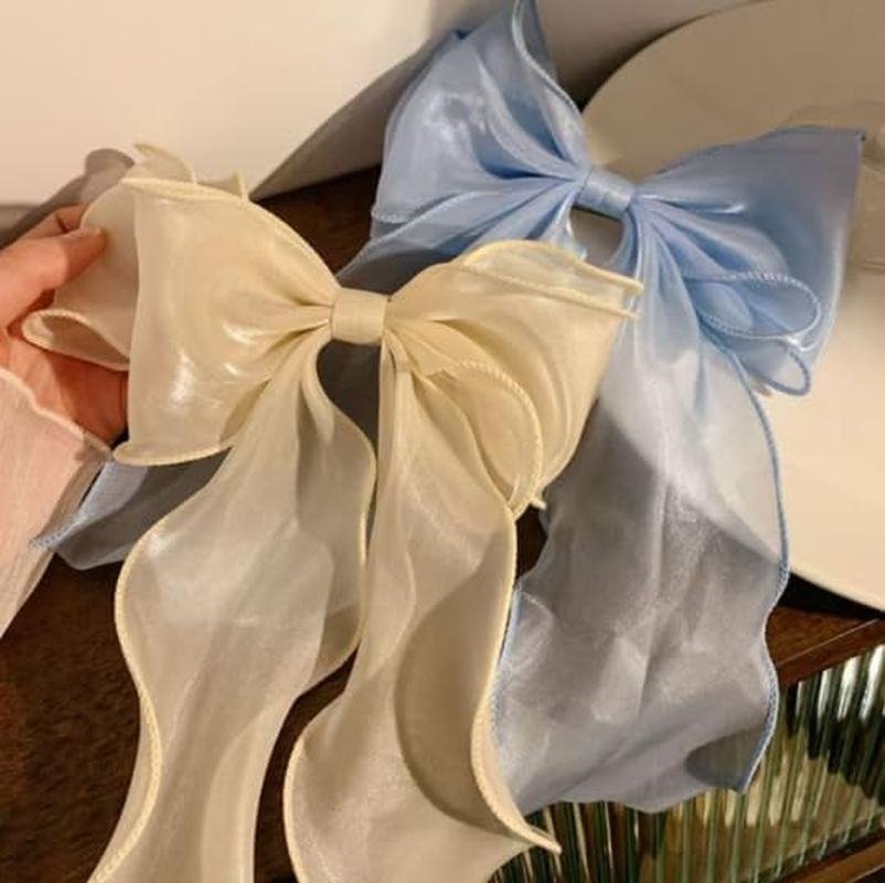 4Pcs Large Hair Bow Clips Set, White Pink Blue Purple Silk Yarn Ribbon Hair Barrettes for Women, Elegant Long Tail Bowknot French Hairstyle Accessories for Wedding, Parties, Festivals image number 5