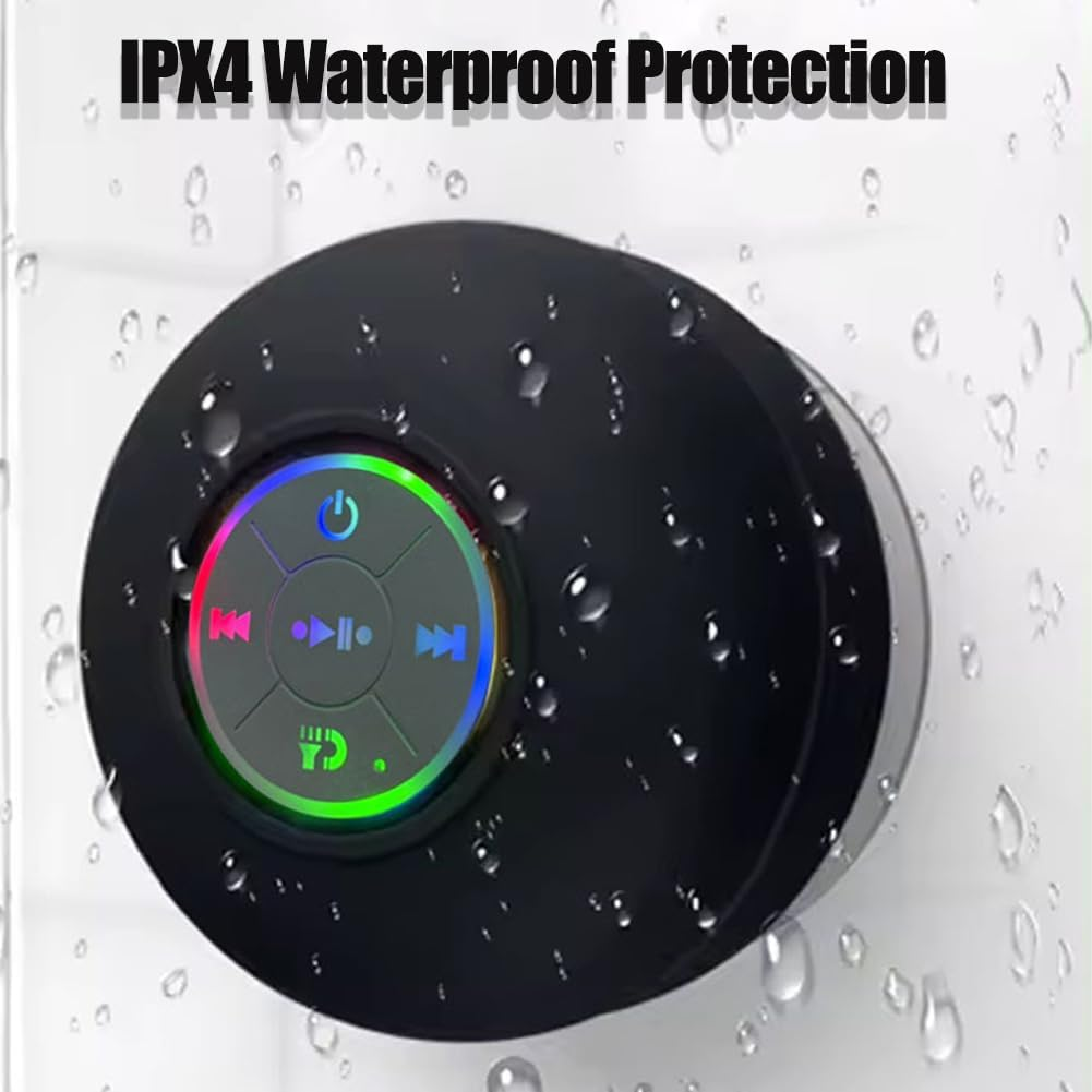 Mini Bluetooth Waterproof Speaker with LED Light, Waterproof Mini Bluetooth Shower Speaker, Portable Wireless Shower Speakers with Mic & Suction Cup, IPX4 for Bathroom (Yellow) - Blue image number 4