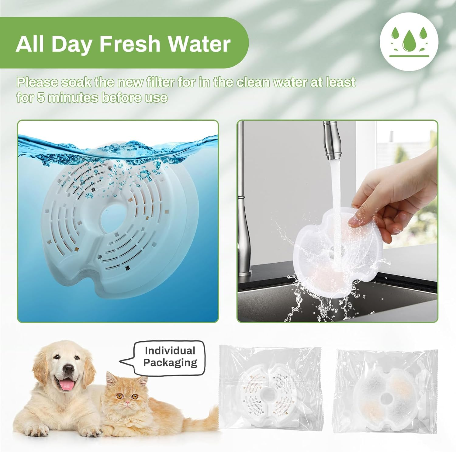 Filter for Cat Fountain, Pack of 4 Replacement Filter Drinking Fountain Filters for Cat Fountain 67Oz/2L with LED Night Light, 4 Pieces Replacement Filters & 4 Pieces Pre-Filter Sponges for 2L image number 2